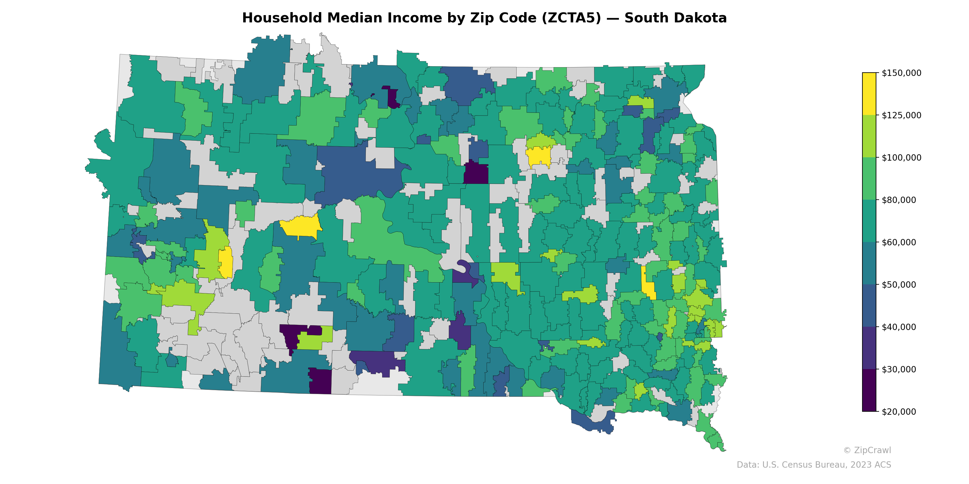 Household Median Income by Zip Code (ZCTA5) — South Dakota