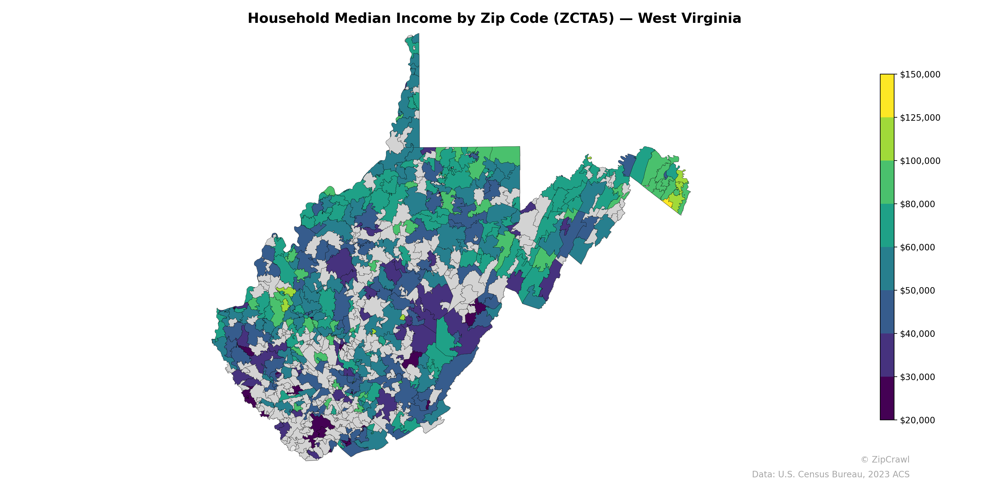 Household Median Income by Zip Code (ZCTA5) — West Virginia
