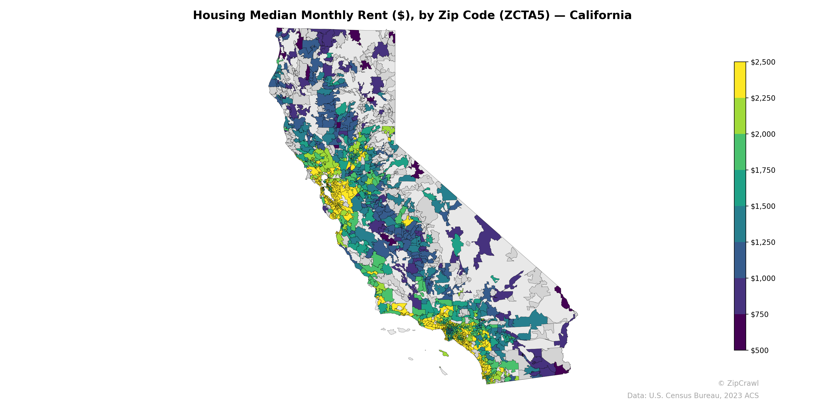 Housing Median Monthly Rent ($), by Zip Code (ZCTA5) — California