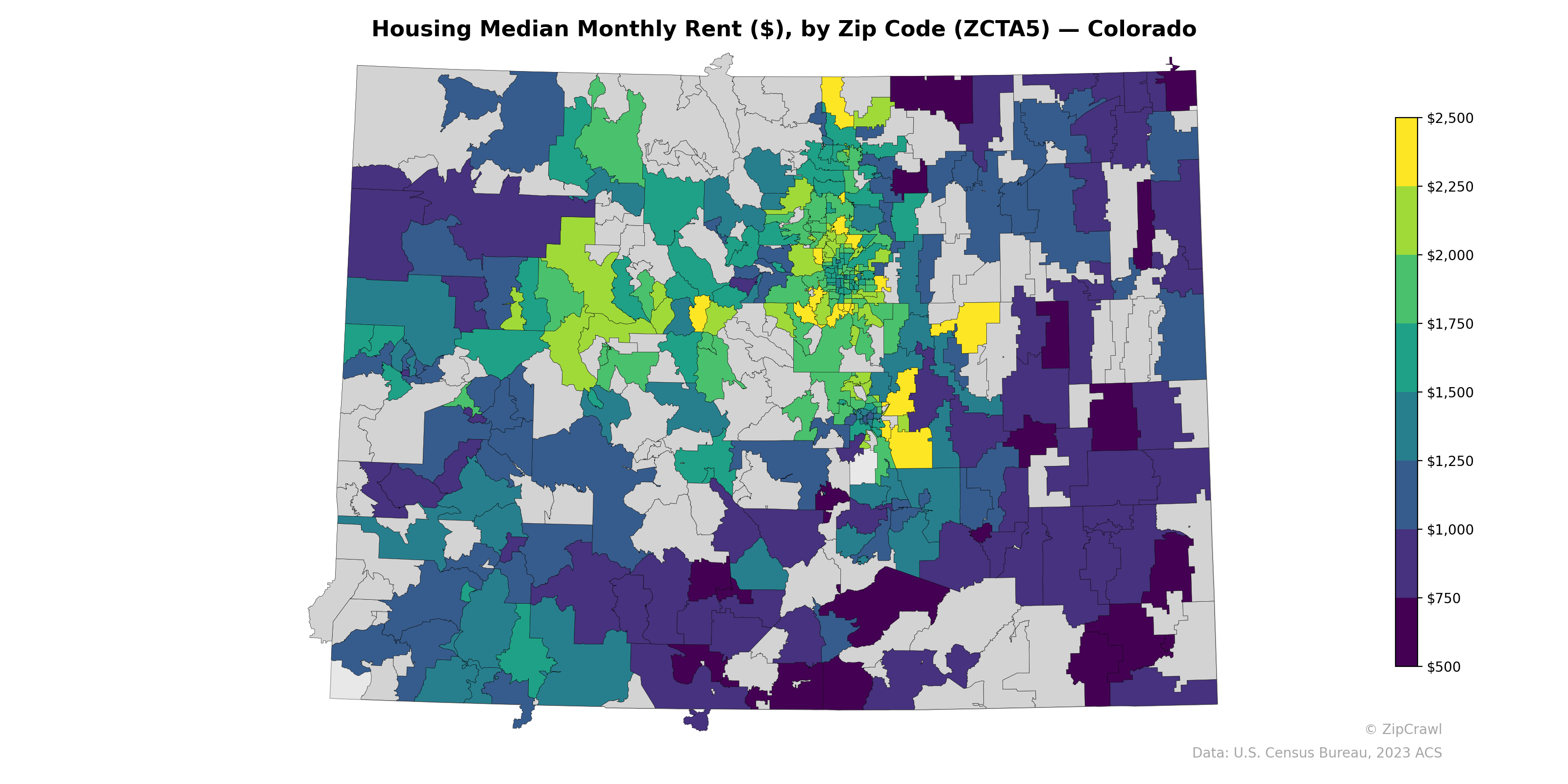 Housing Median Monthly Rent ($), by Zip Code (ZCTA5) — Colorado