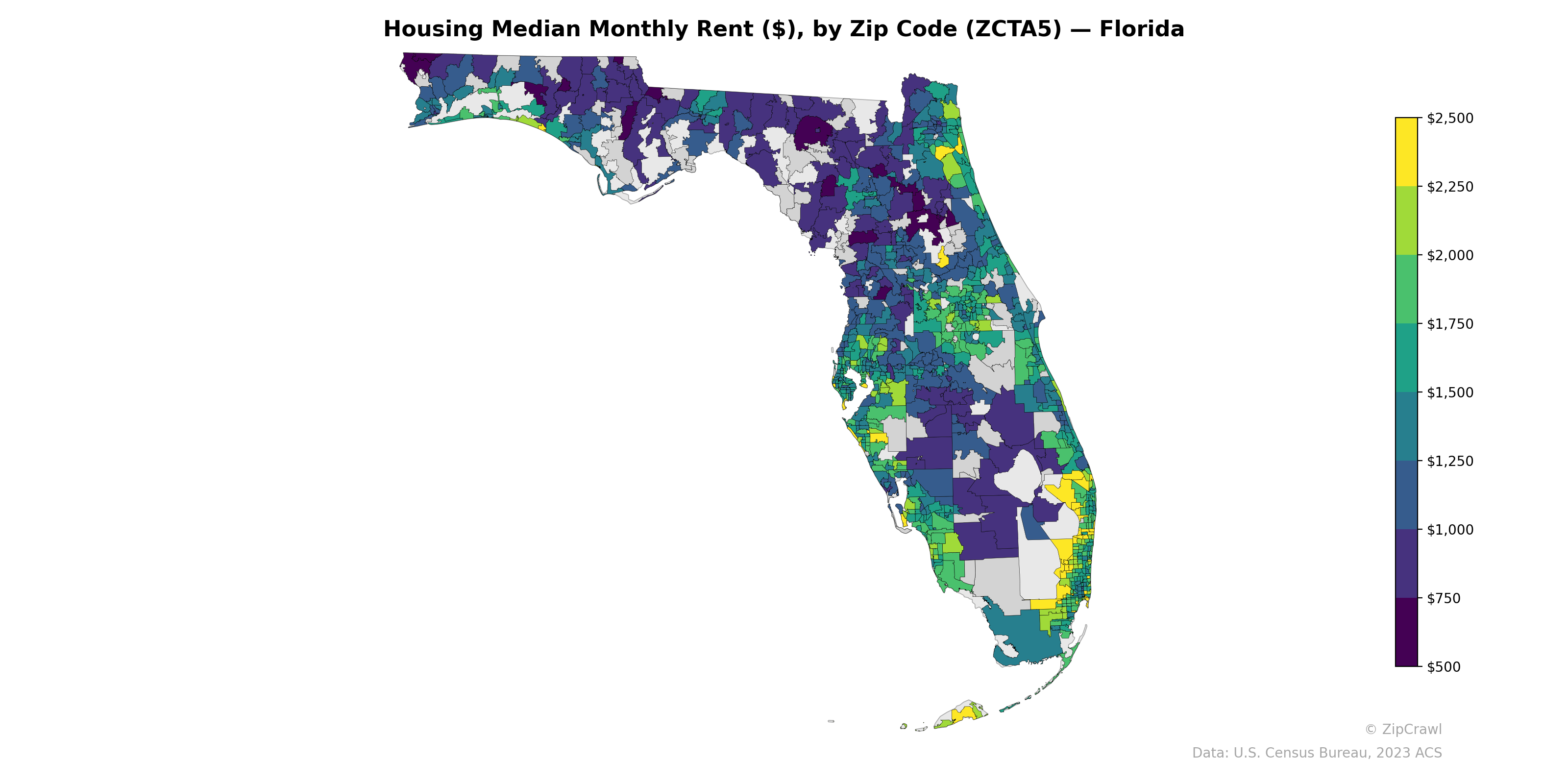 Housing Median Monthly Rent ($), by Zip Code (ZCTA5) — Florida