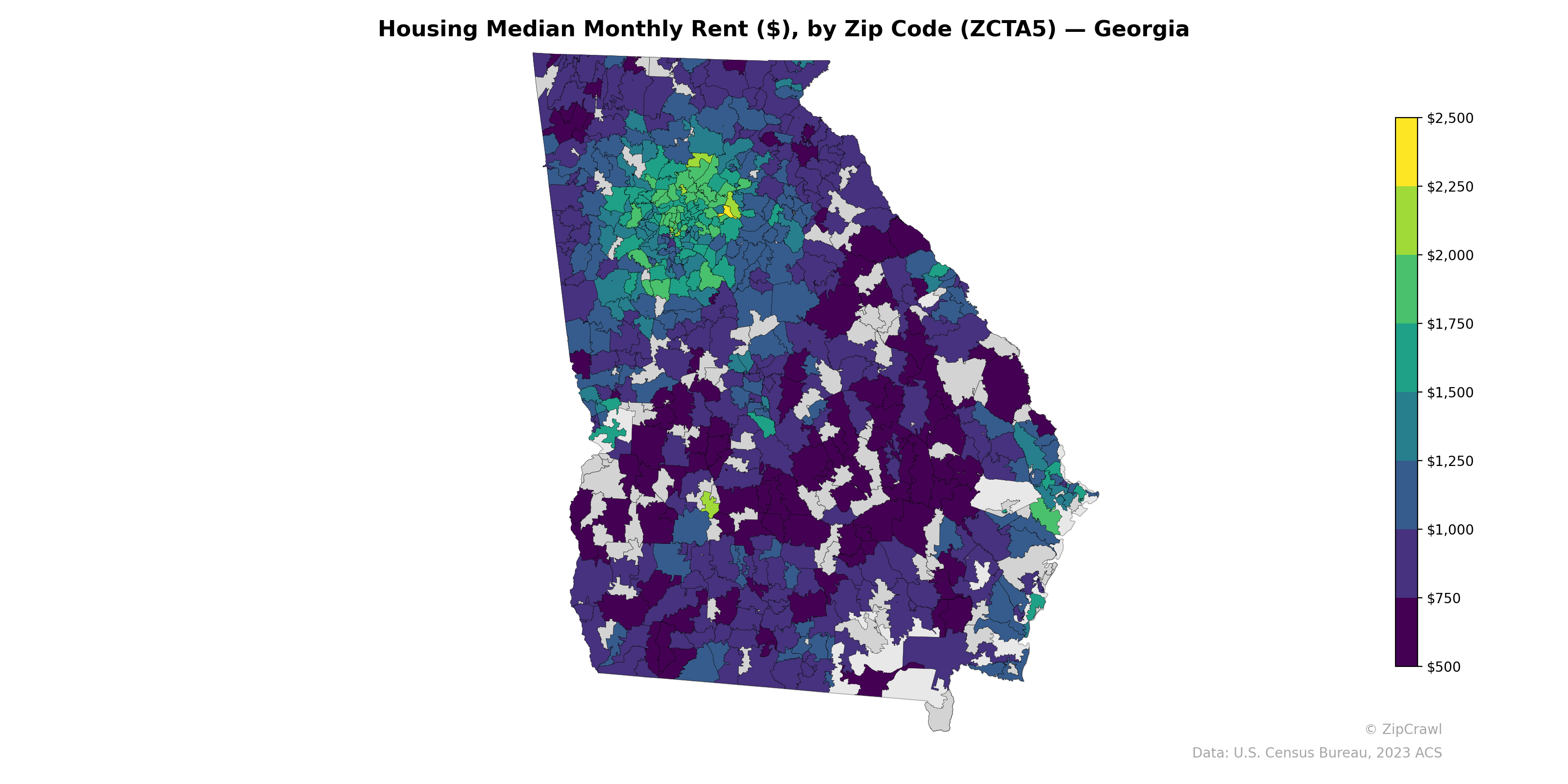 Housing Median Monthly Rent ($), by Zip Code (ZCTA5) — Georgia