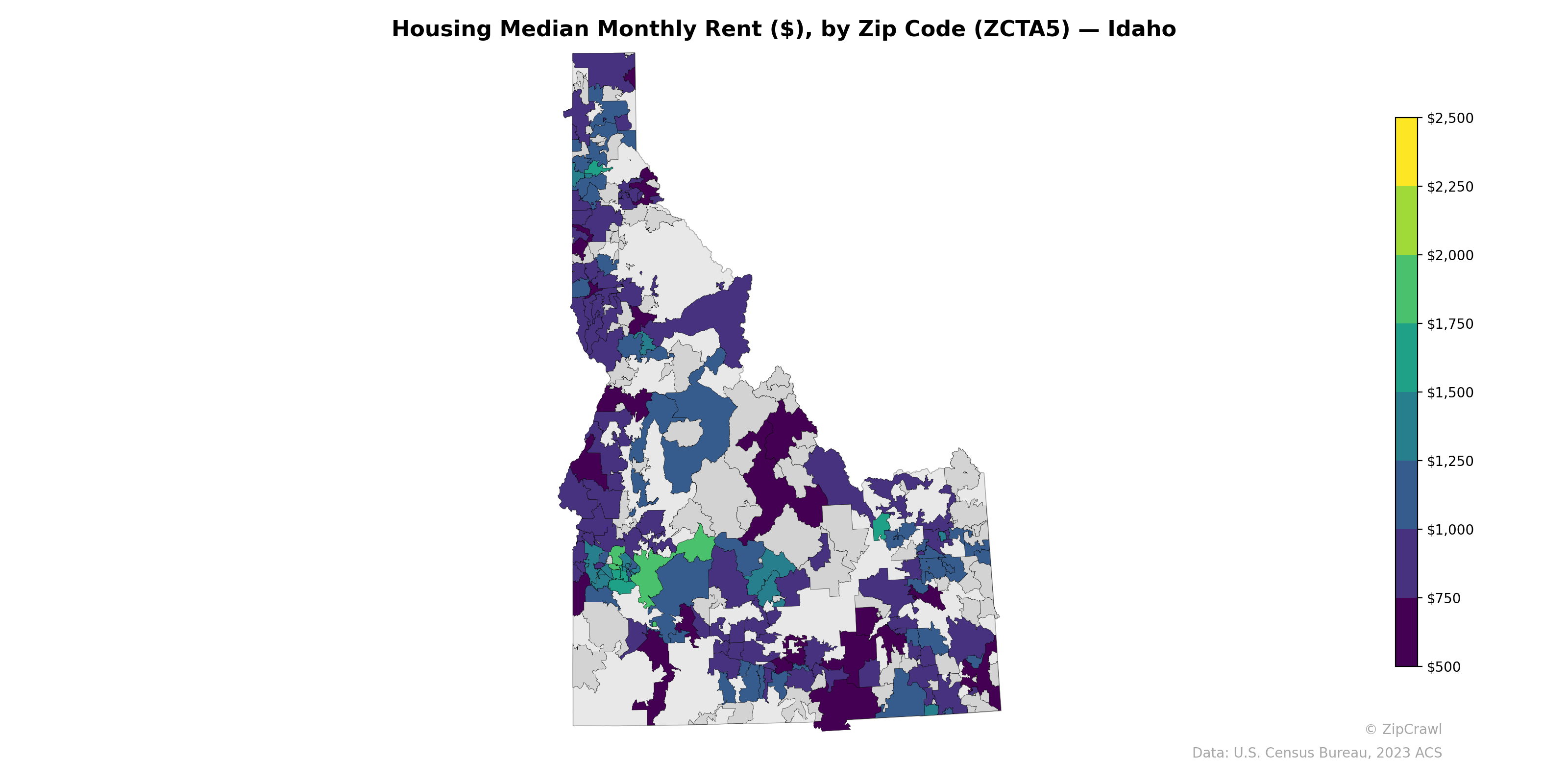 Housing Median Monthly Rent ($), by Zip Code (ZCTA5) — Idaho
