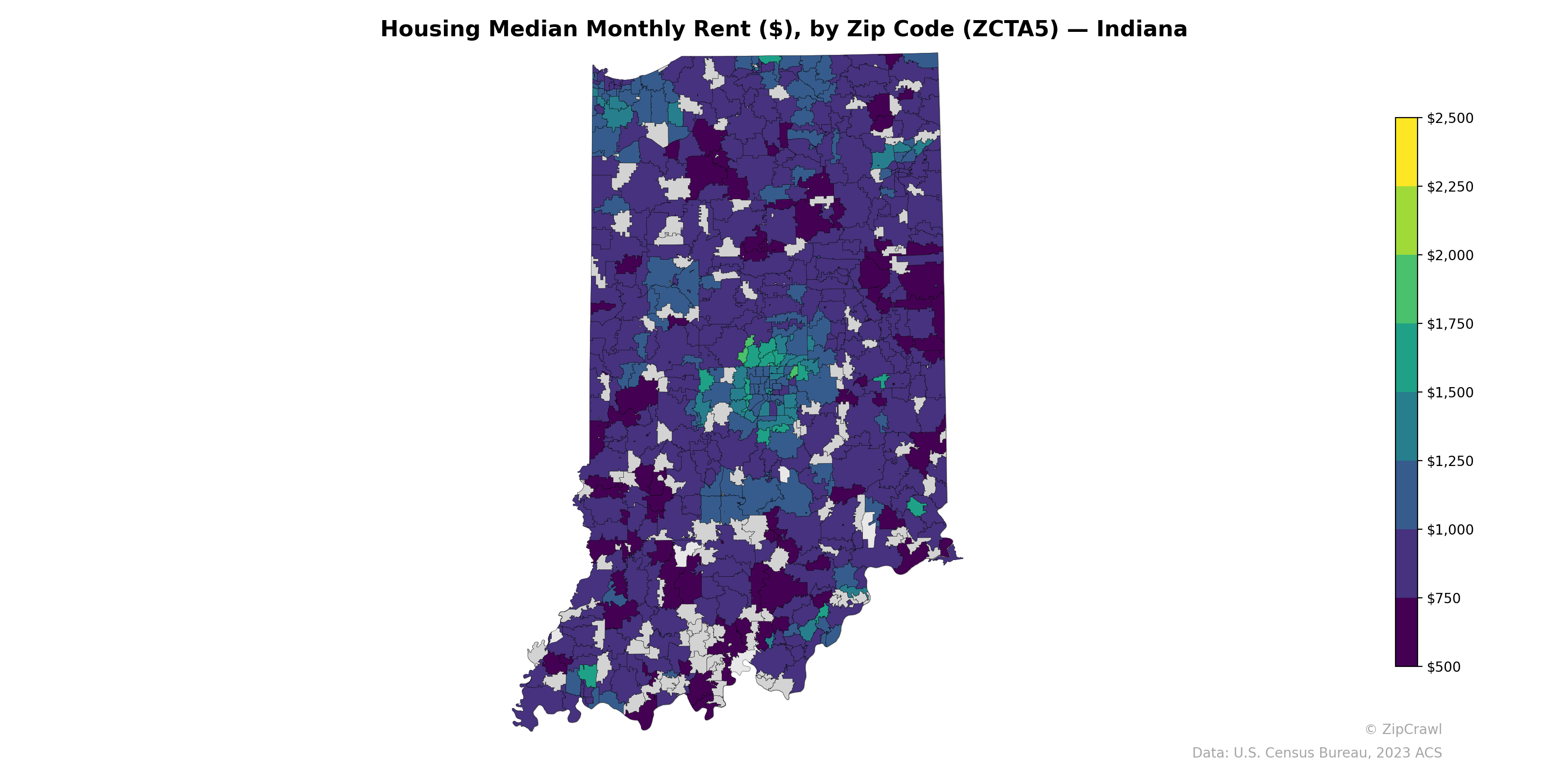 Housing Median Monthly Rent ($), by Zip Code (ZCTA5) — Indiana