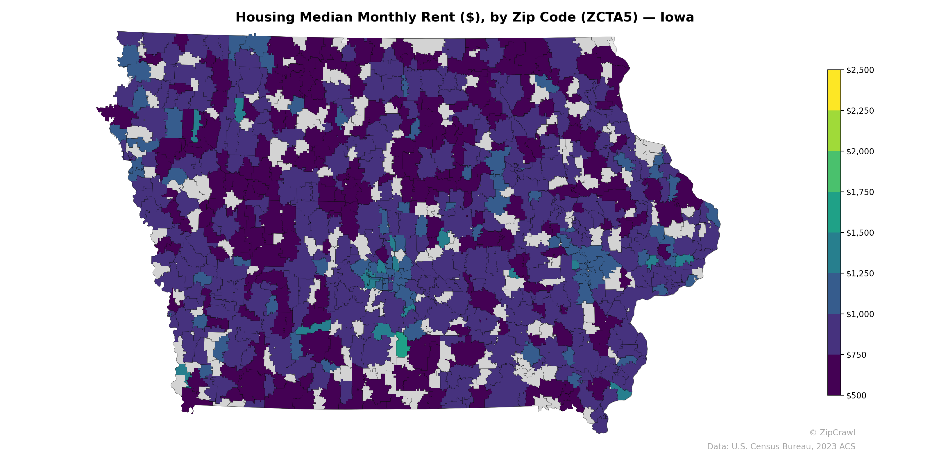 Housing Median Monthly Rent ($), by Zip Code (ZCTA5) — Iowa