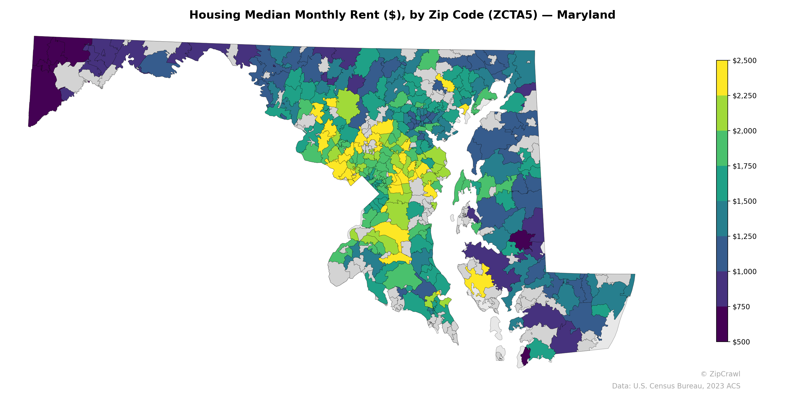 Housing Median Monthly Rent ($), by Zip Code (ZCTA5) — Maryland