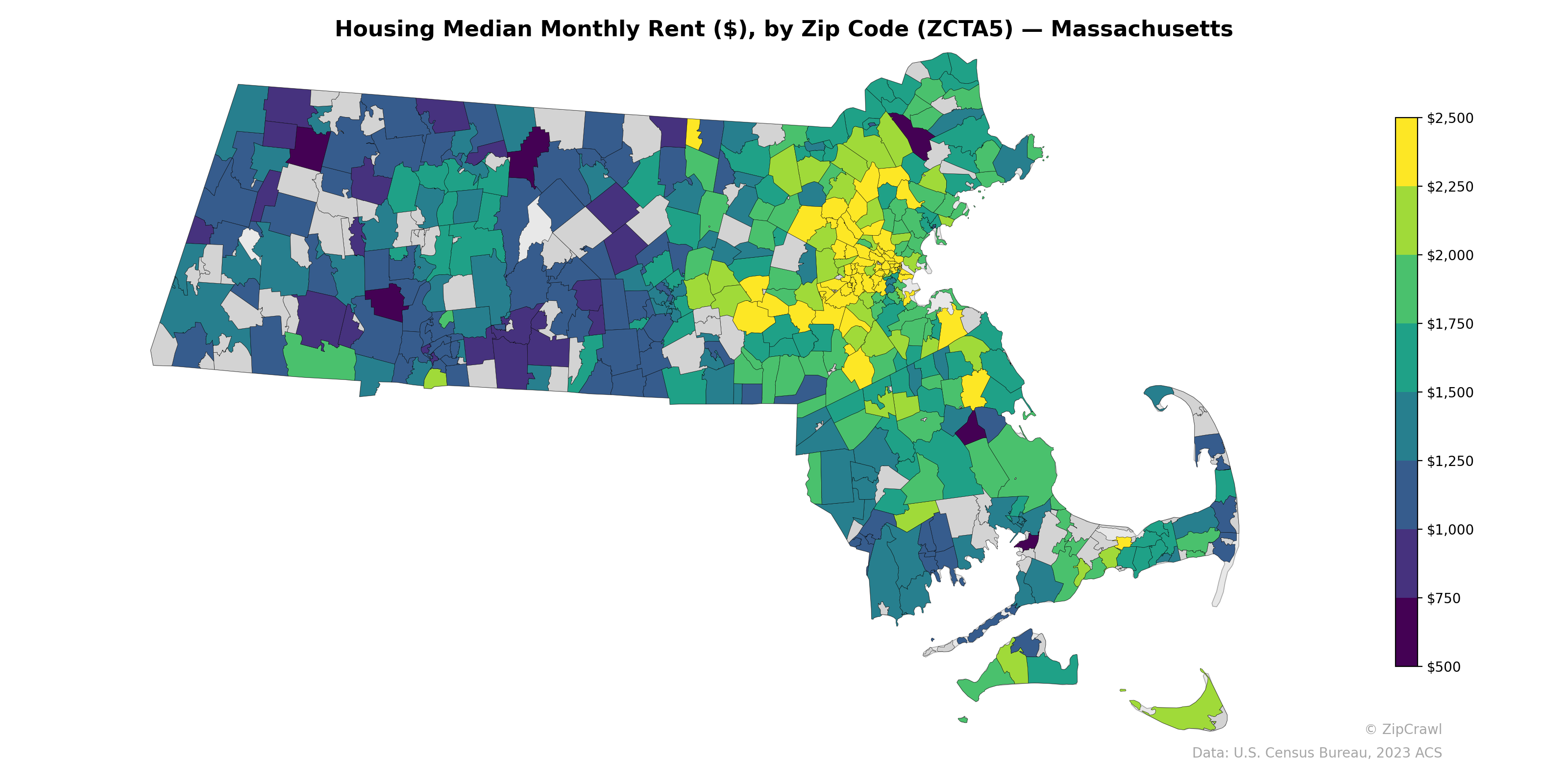 Housing Median Monthly Rent ($), by Zip Code (ZCTA5) — Massachusetts