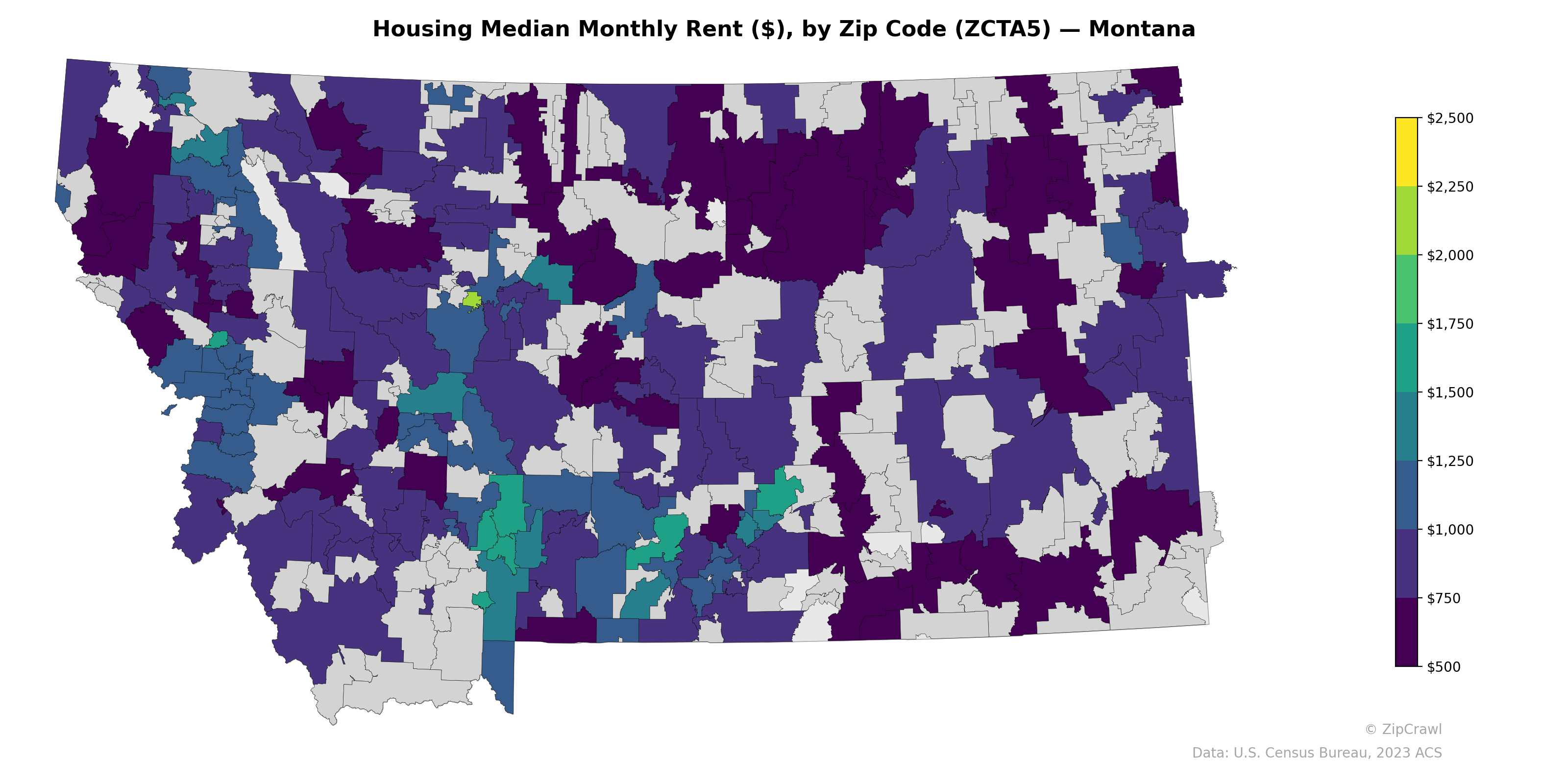 Housing Median Monthly Rent ($), by Zip Code (ZCTA5) — Montana