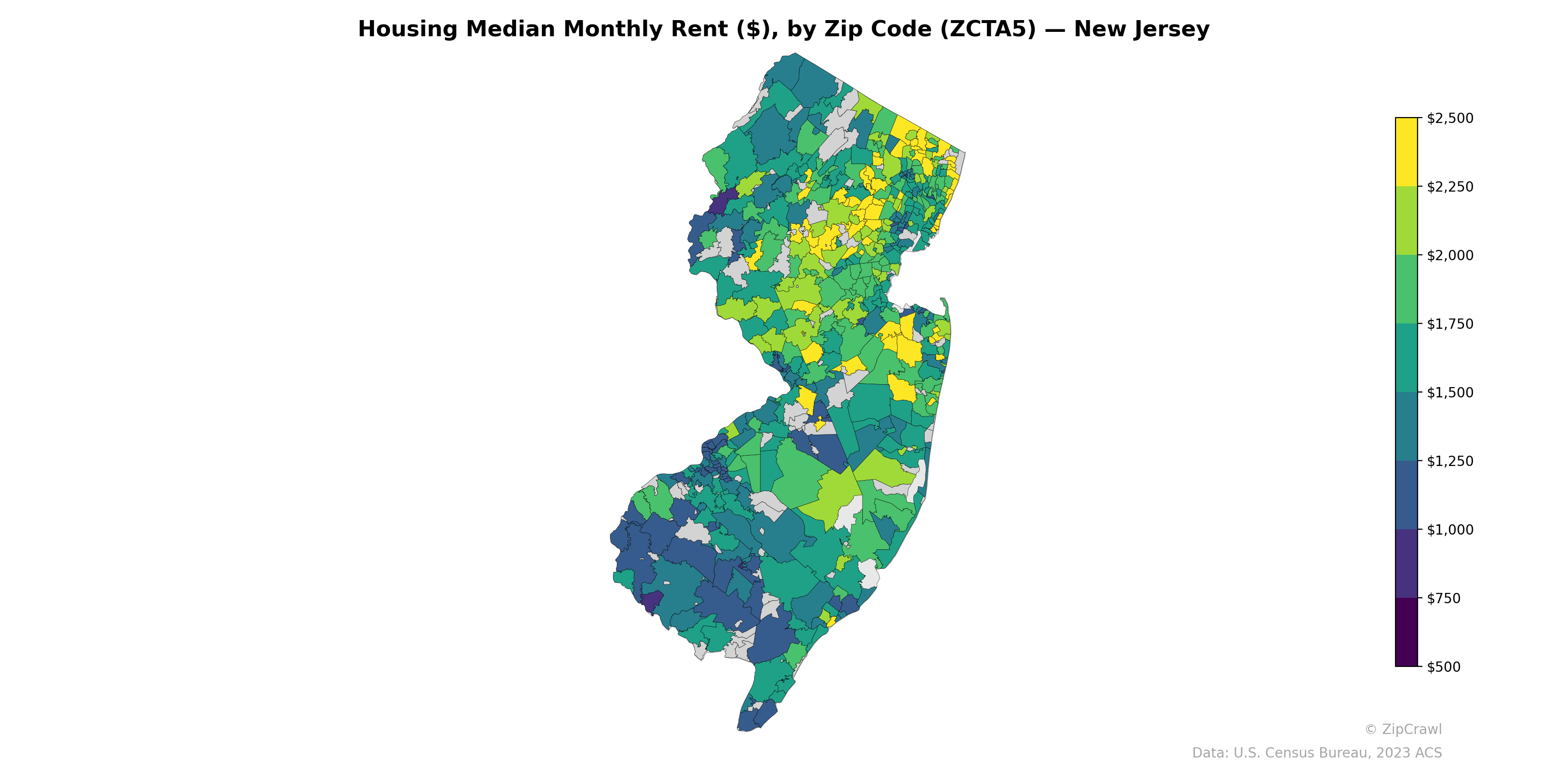 Housing Median Monthly Rent ($), by Zip Code (ZCTA5) — New Jersey