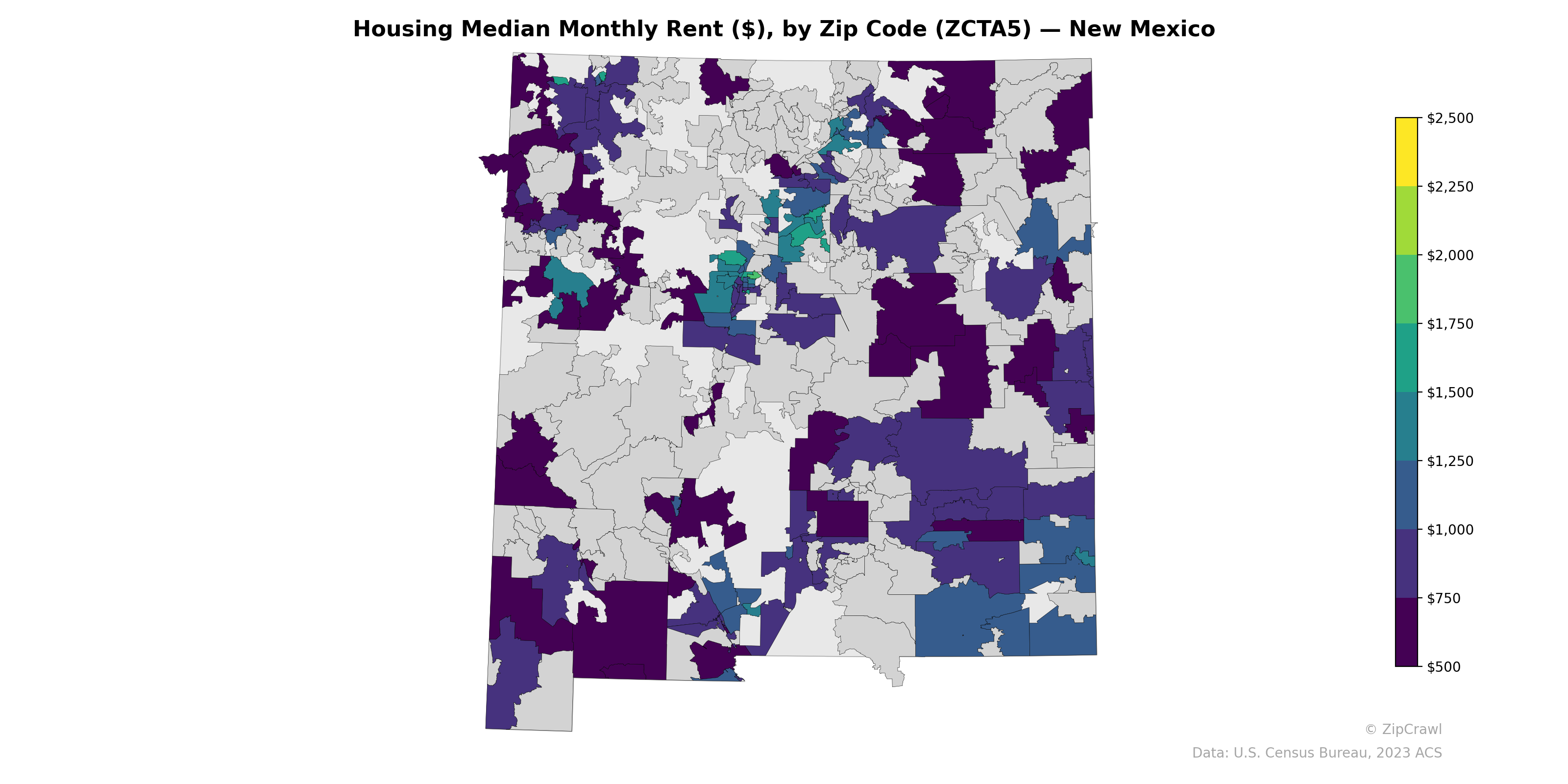 Housing Median Monthly Rent ($), by Zip Code (ZCTA5) — New Mexico