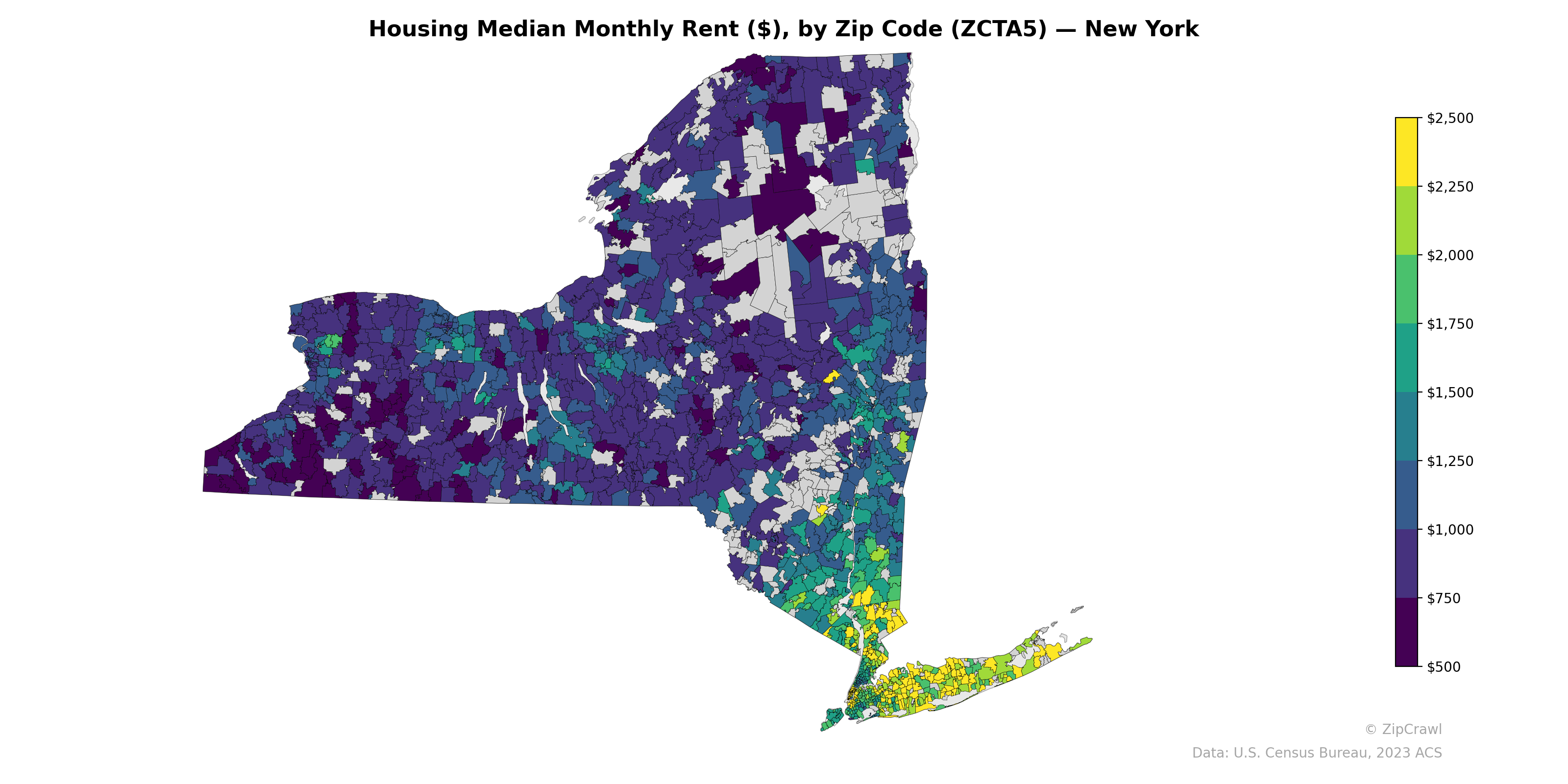 Housing Median Monthly Rent ($), by Zip Code (ZCTA5) — New York