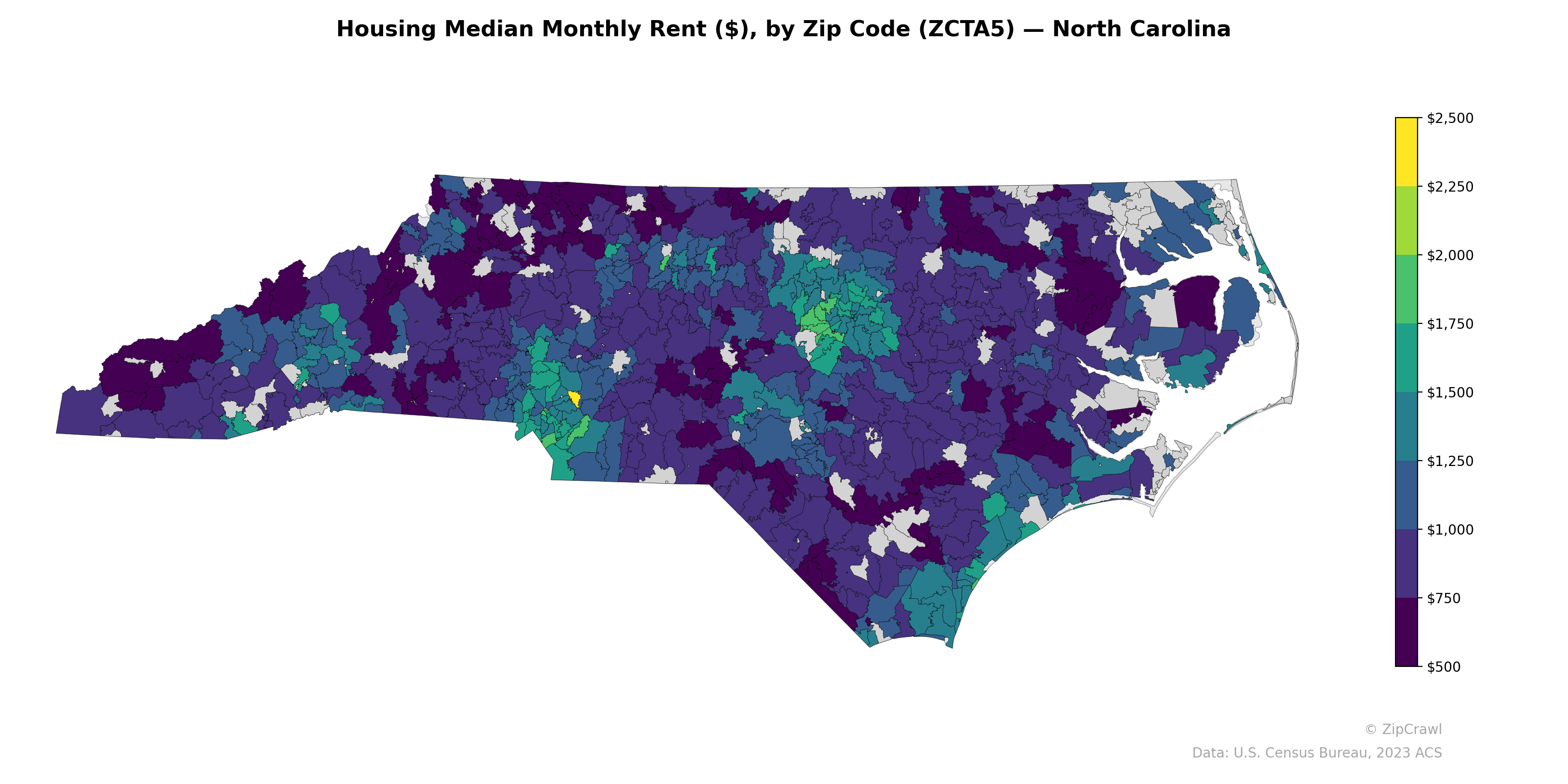 Housing Median Monthly Rent ($), by Zip Code (ZCTA5) — North Carolina