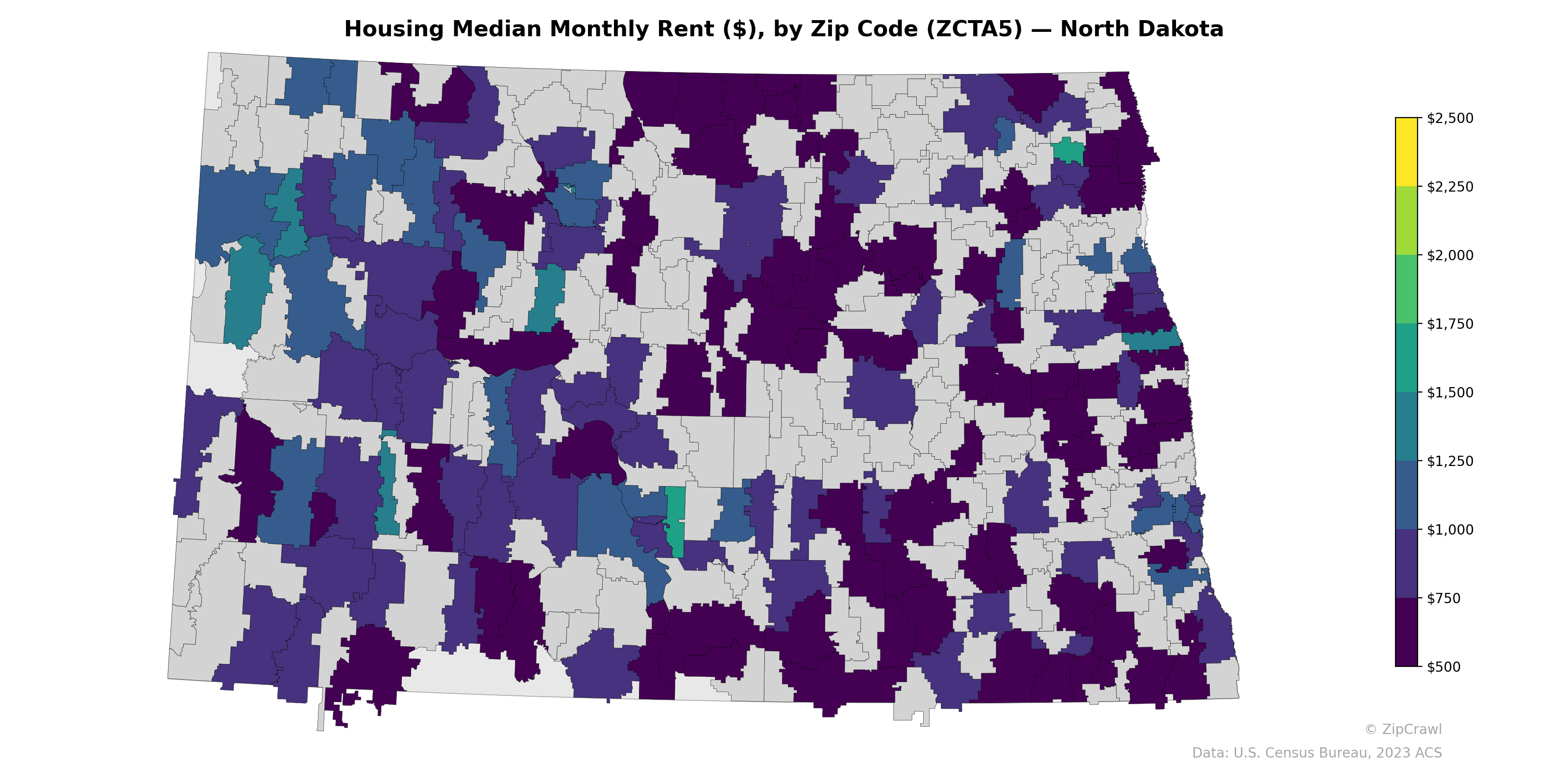 Housing Median Monthly Rent ($), by Zip Code (ZCTA5) — North Dakota
