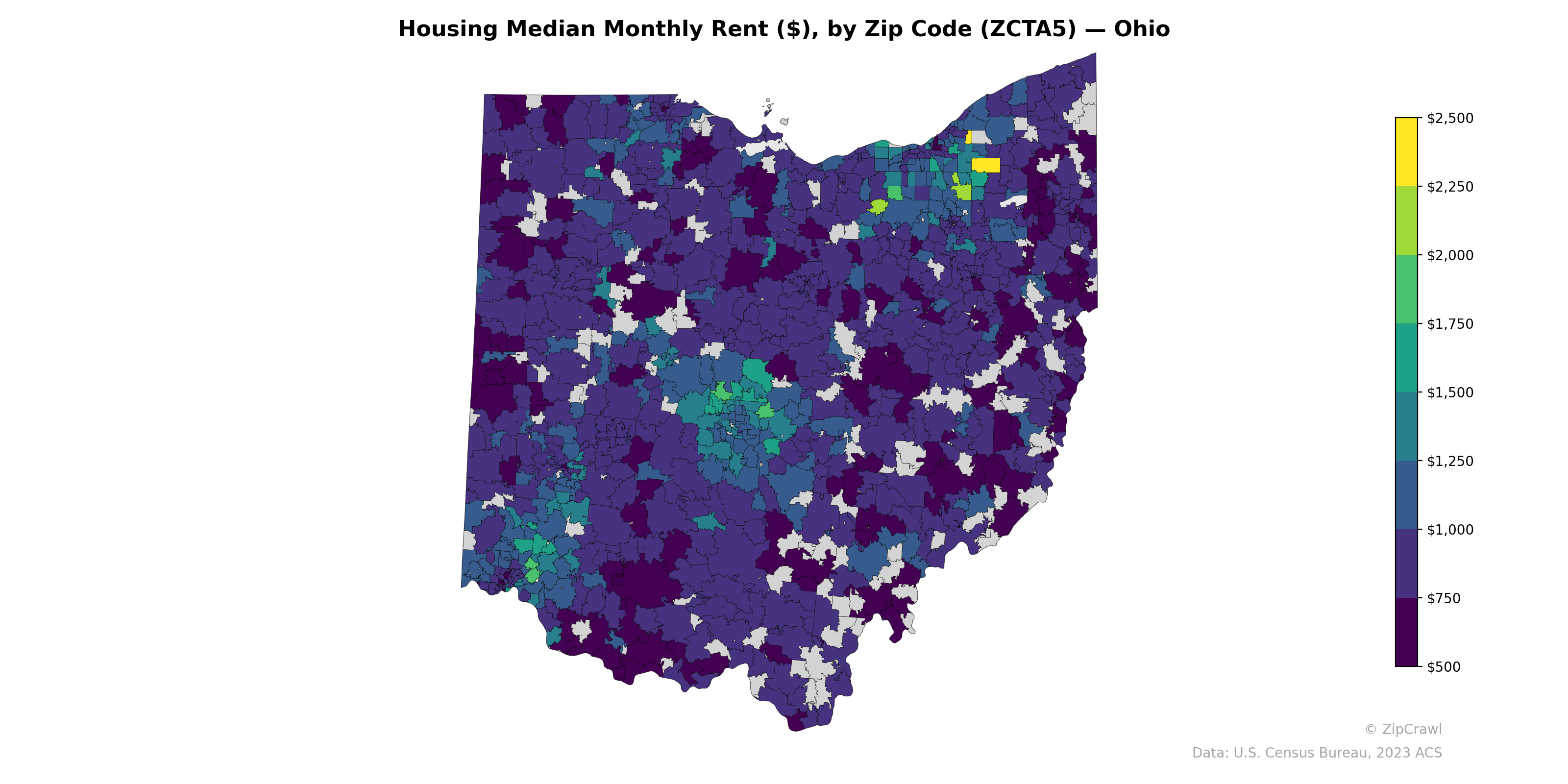 Housing Median Monthly Rent ($), by Zip Code (ZCTA5) — Ohio