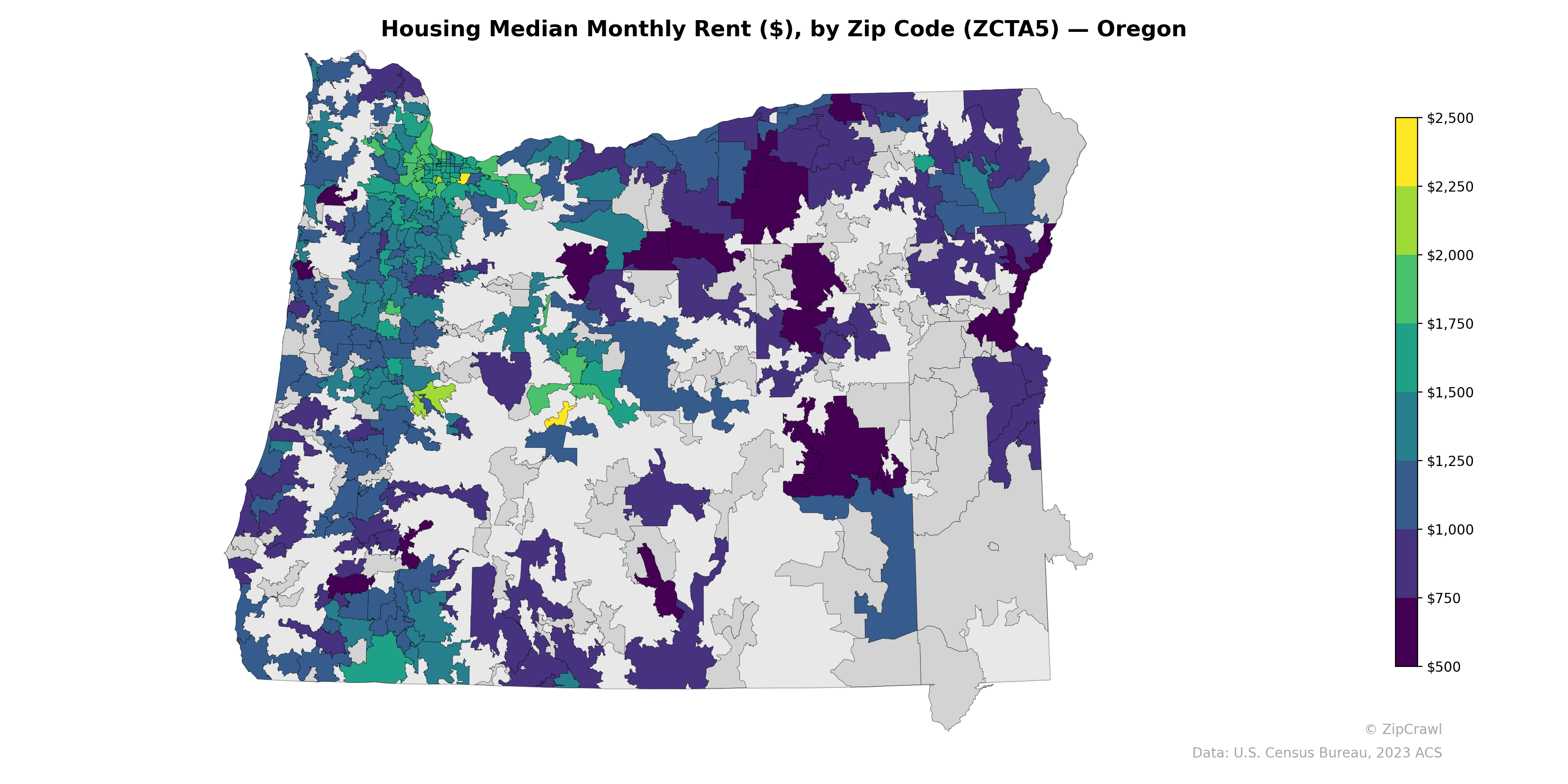 Housing Median Monthly Rent ($), by Zip Code (ZCTA5) — Oregon