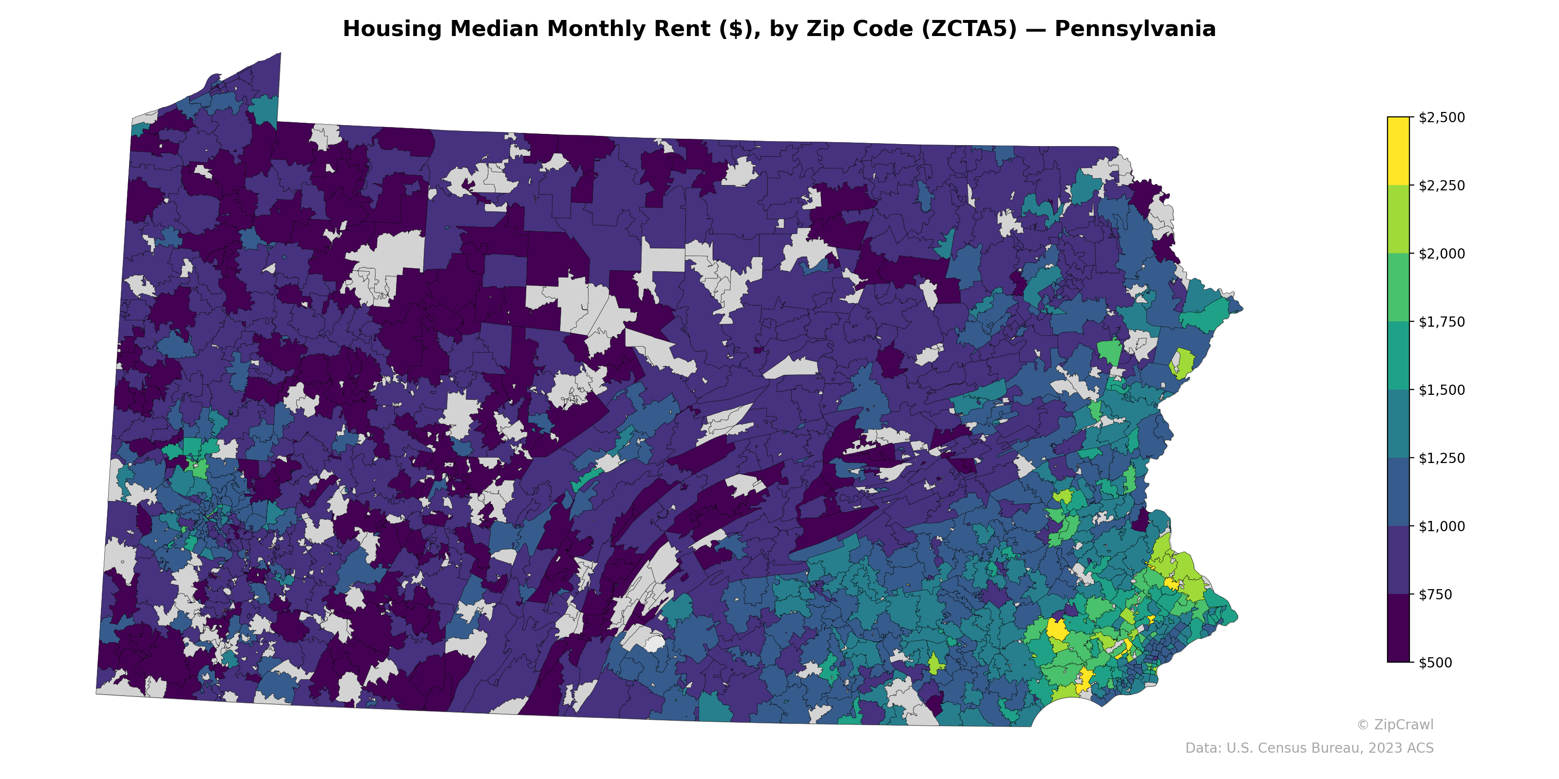 Housing Median Monthly Rent ($), by Zip Code (ZCTA5) — Pennsylvania
