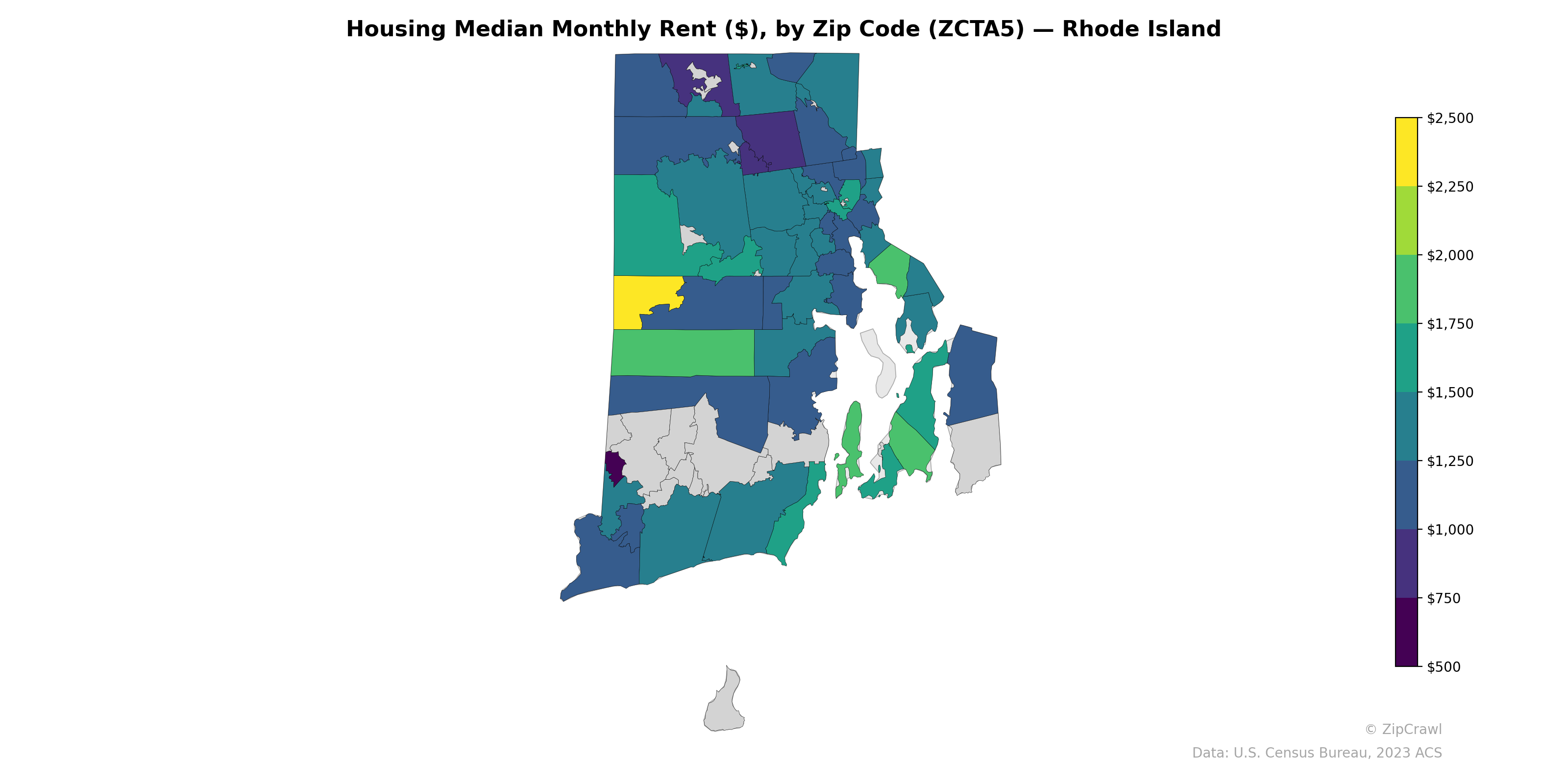 Housing Median Monthly Rent ($), by Zip Code (ZCTA5) — Rhode Island