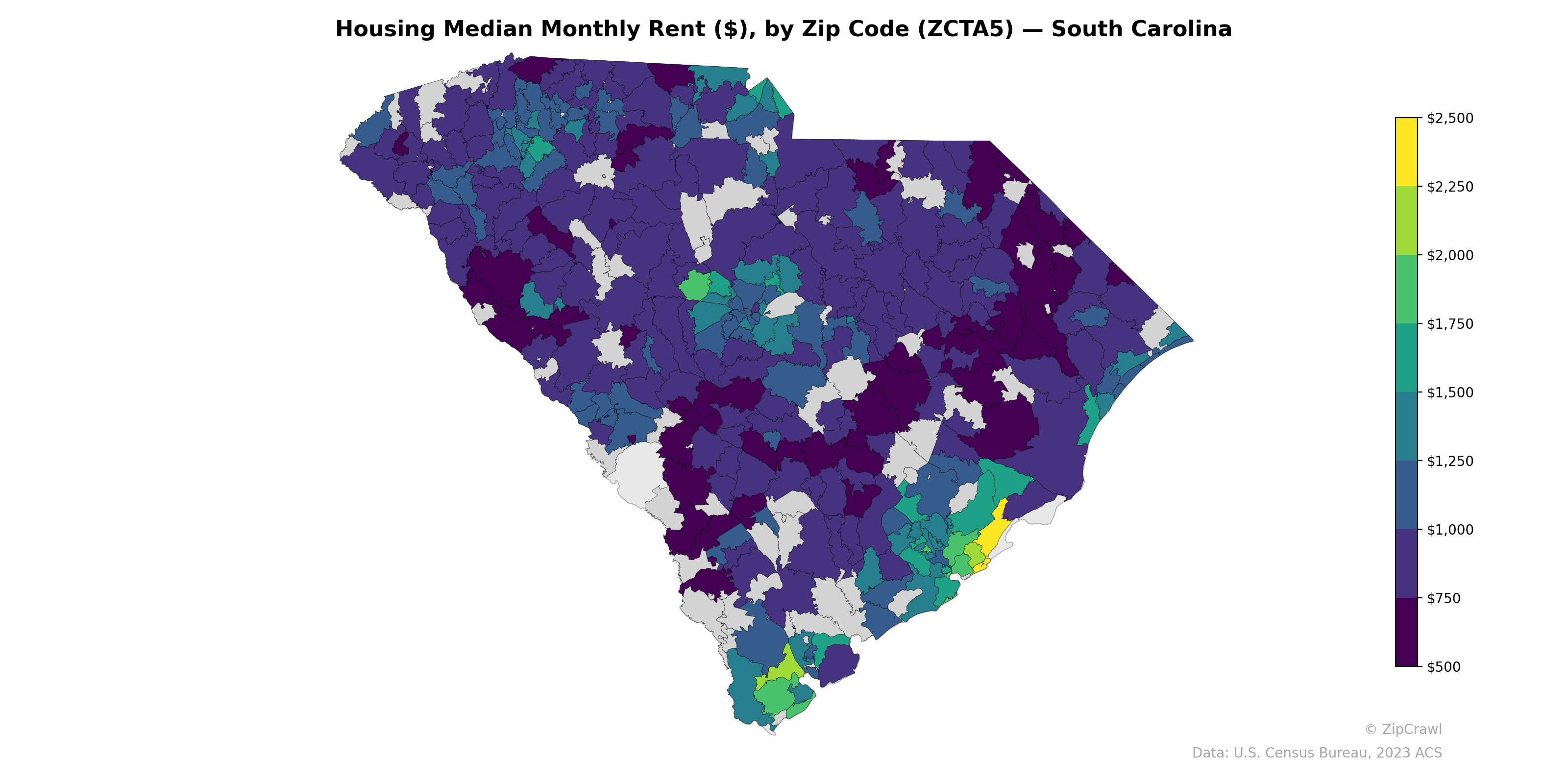 Housing Median Monthly Rent ($), by Zip Code (ZCTA5) — South Carolina