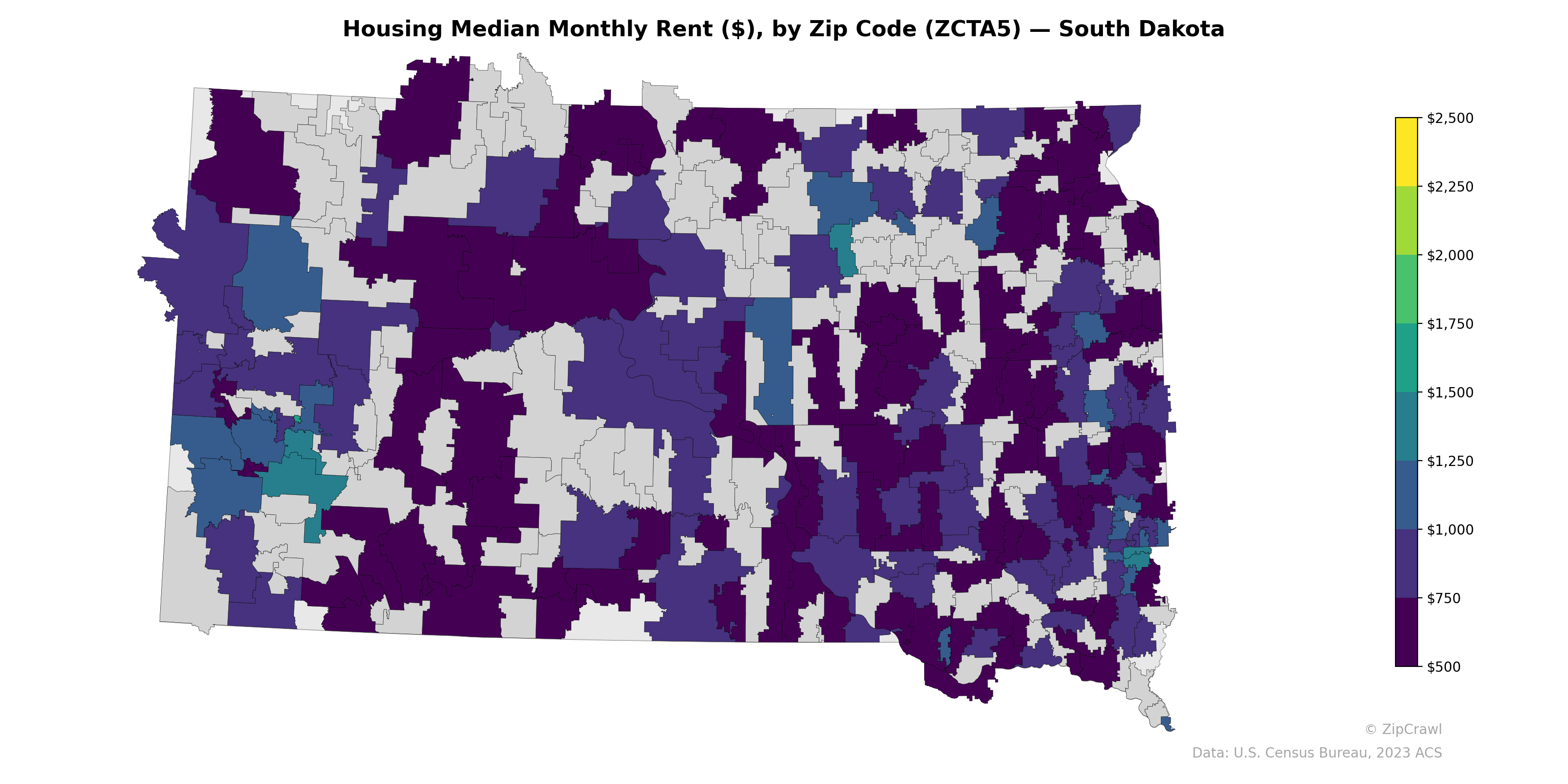Housing Median Monthly Rent ($), by Zip Code (ZCTA5) — South Dakota