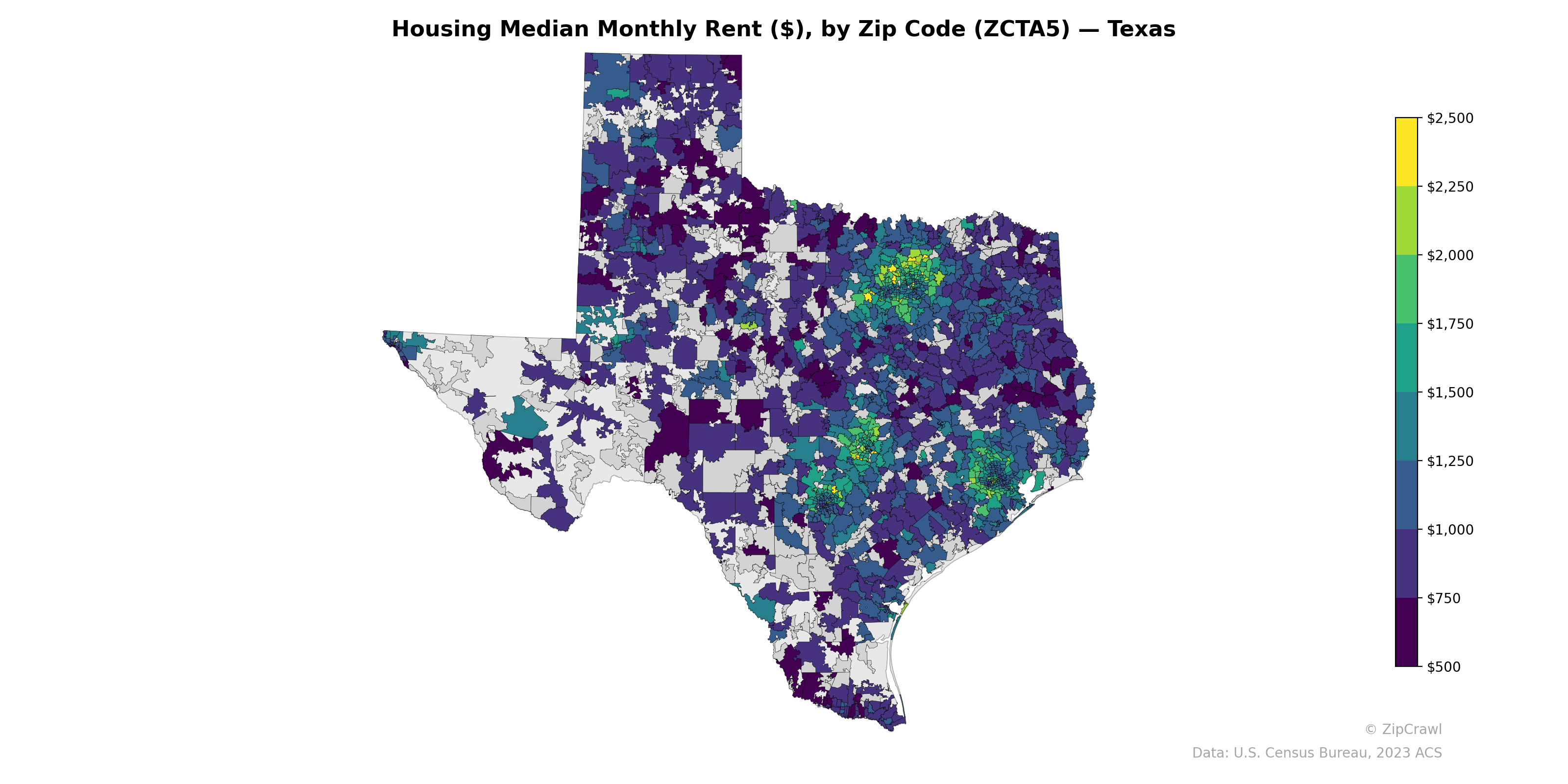 Housing Median Monthly Rent ($), by Zip Code (ZCTA5) — Texas