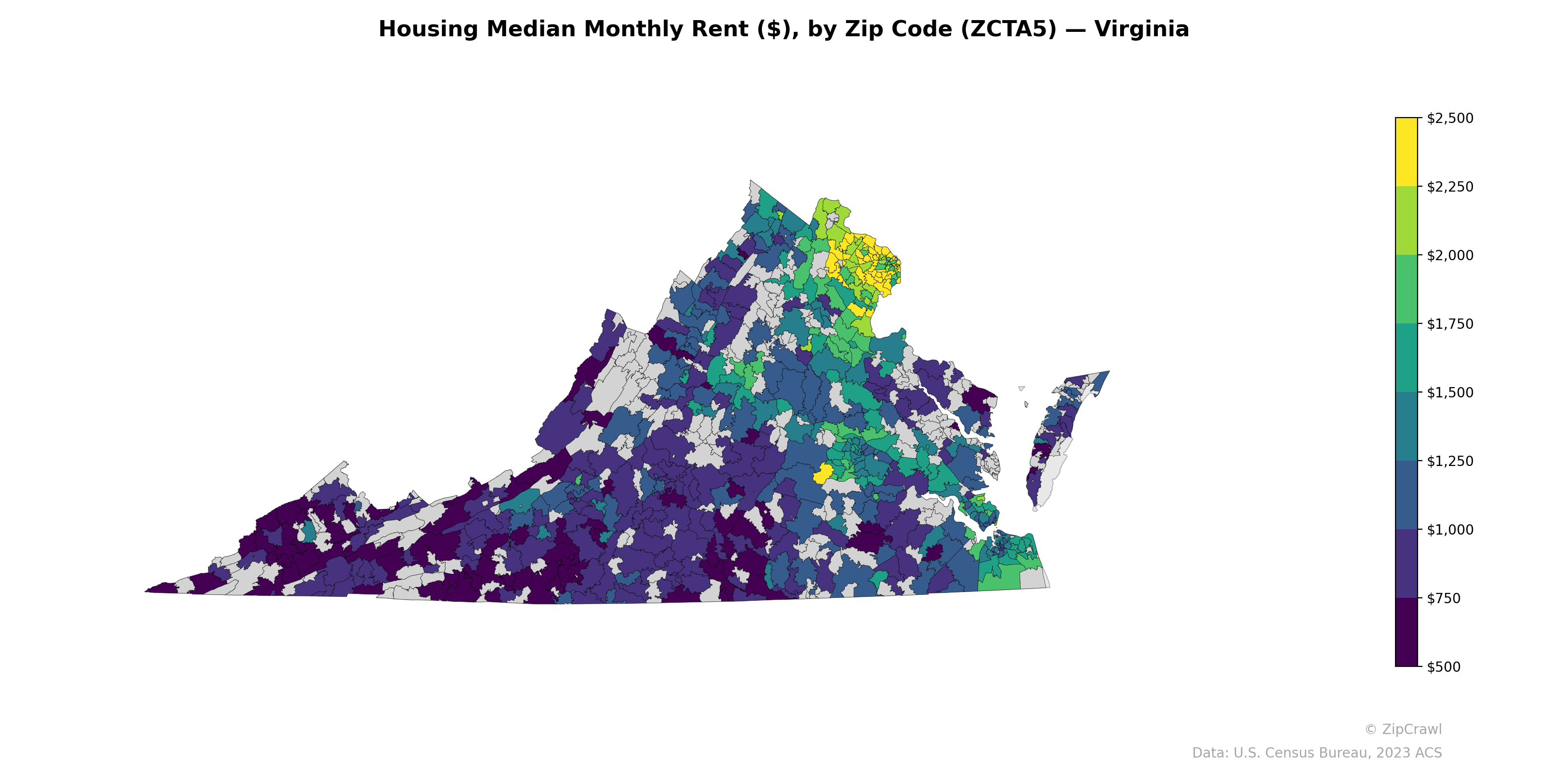 Housing Median Monthly Rent ($), by Zip Code (ZCTA5) — Virginia