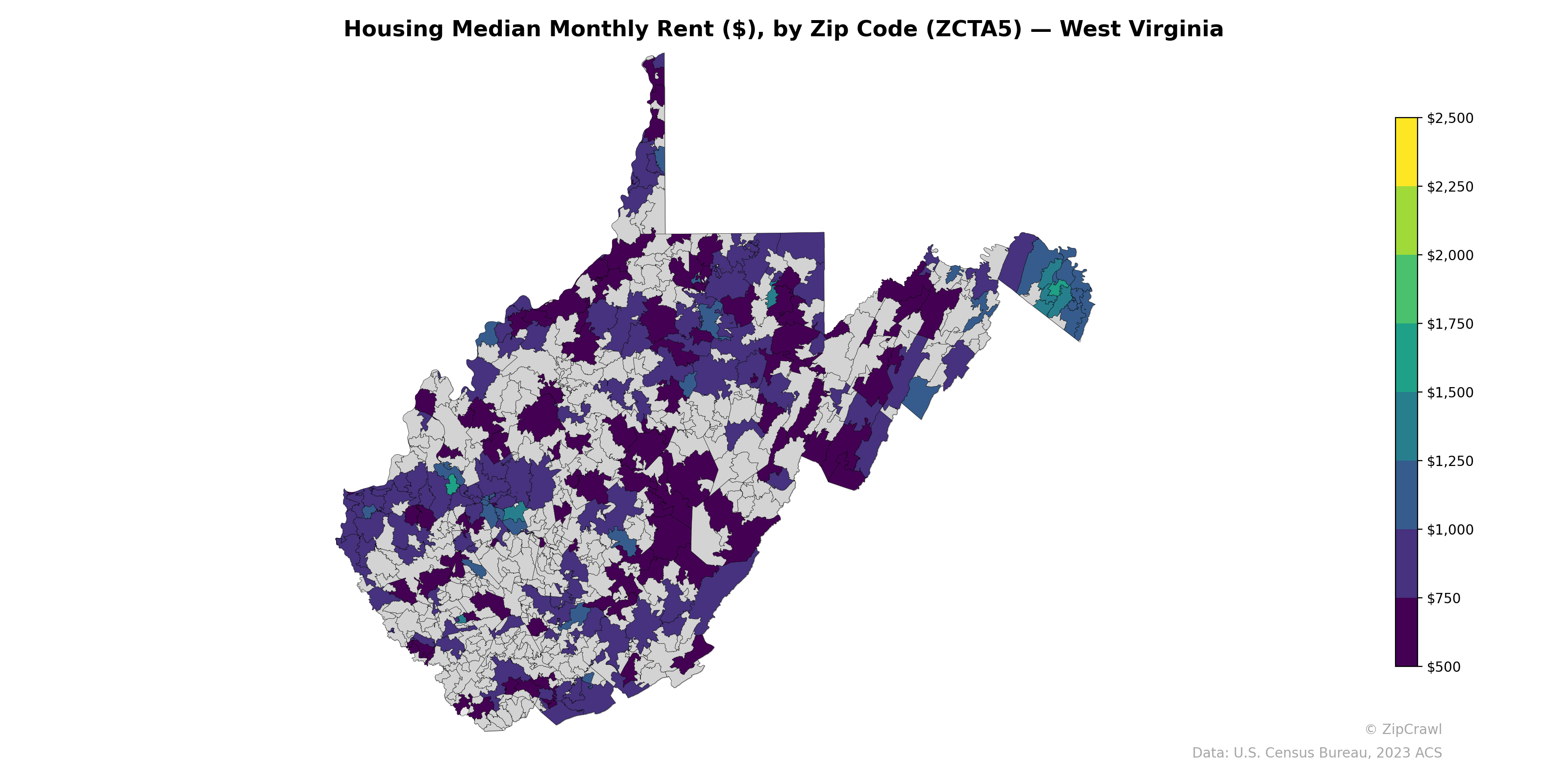 Housing Median Monthly Rent ($), by Zip Code (ZCTA5) — West Virginia