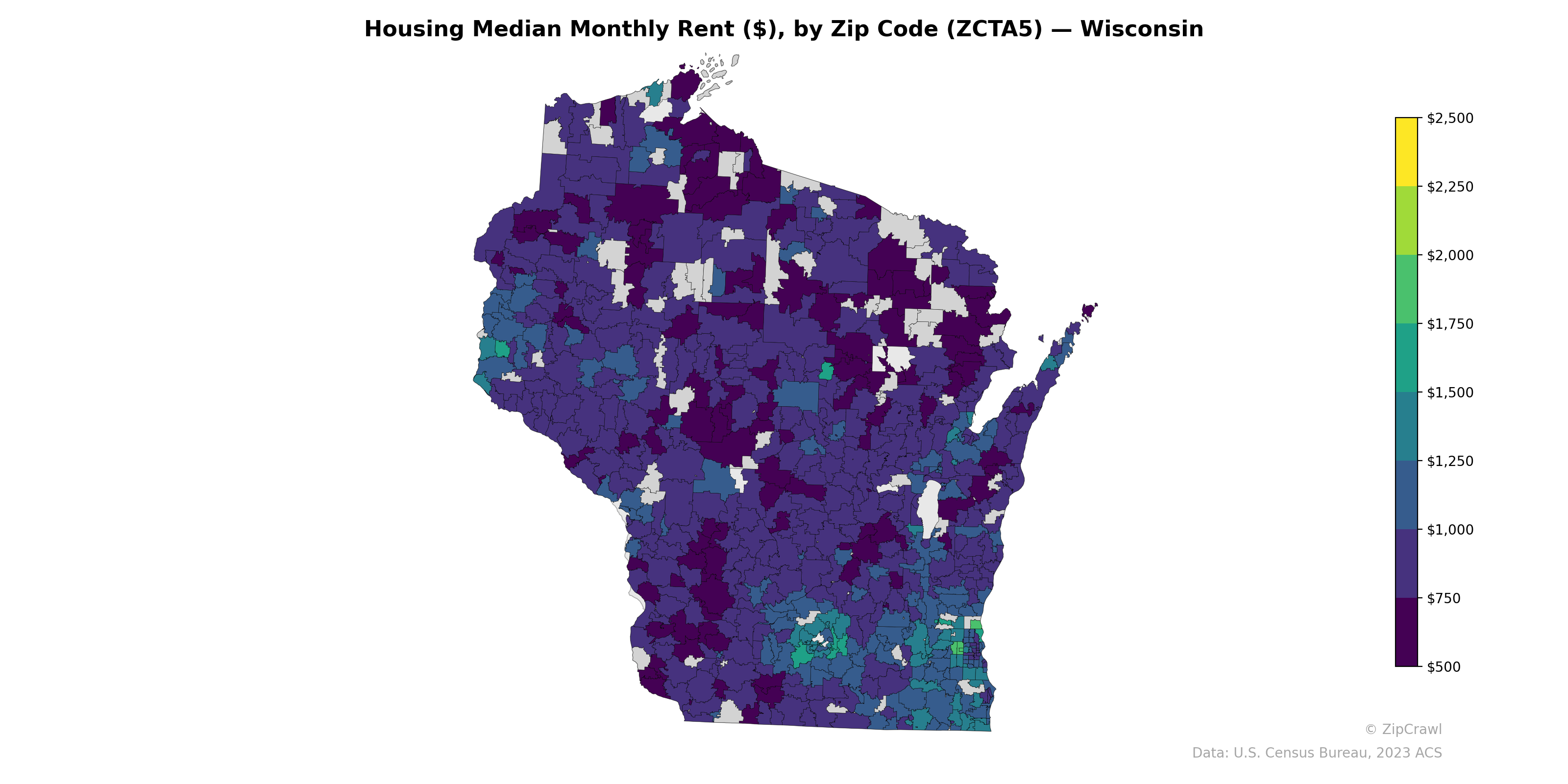 Housing Median Monthly Rent ($), by Zip Code (ZCTA5) — Wisconsin