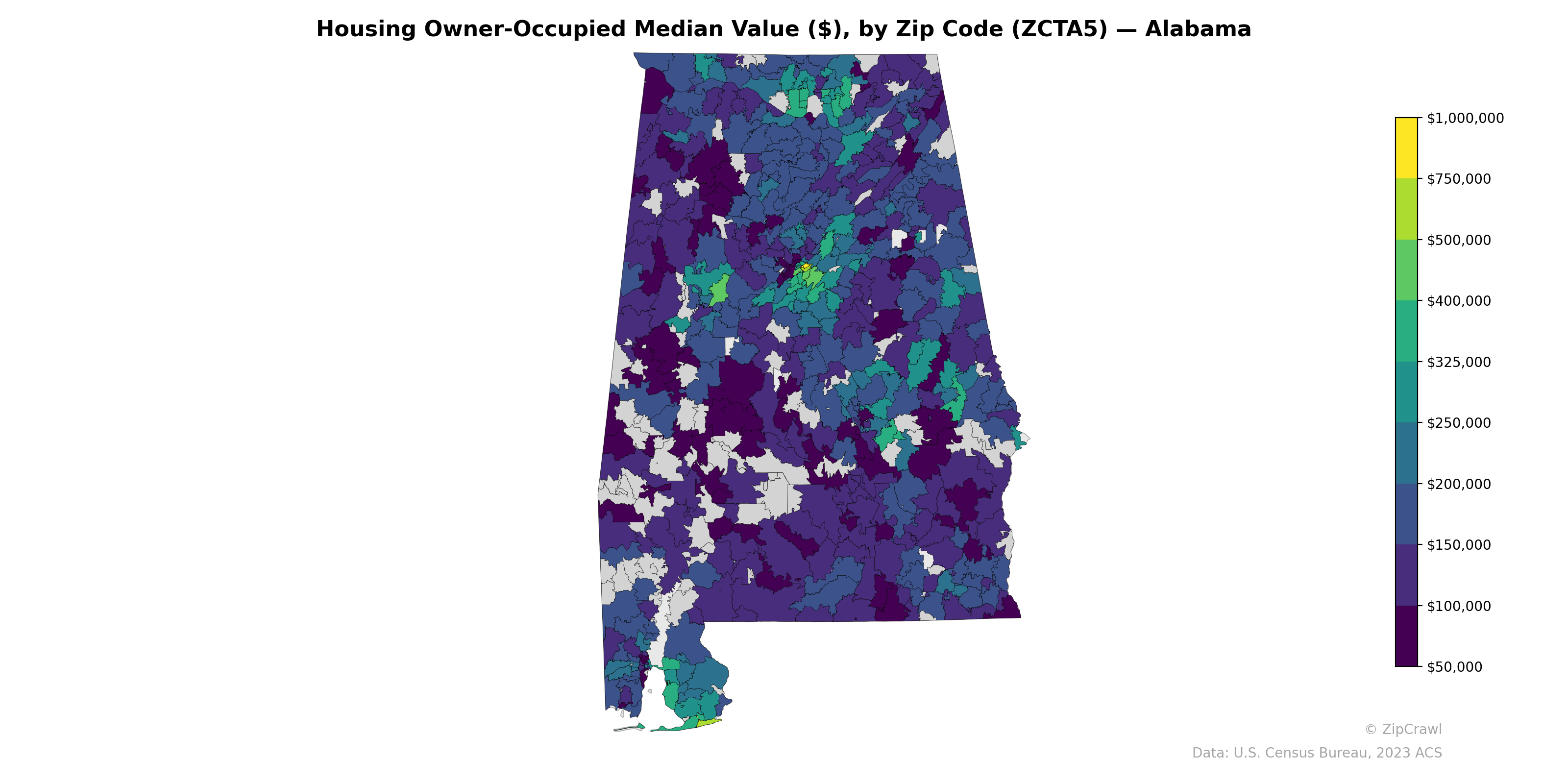 Housing Owner-Occupied Median Value ($), by Zip Code (ZCTA5) — Alabama