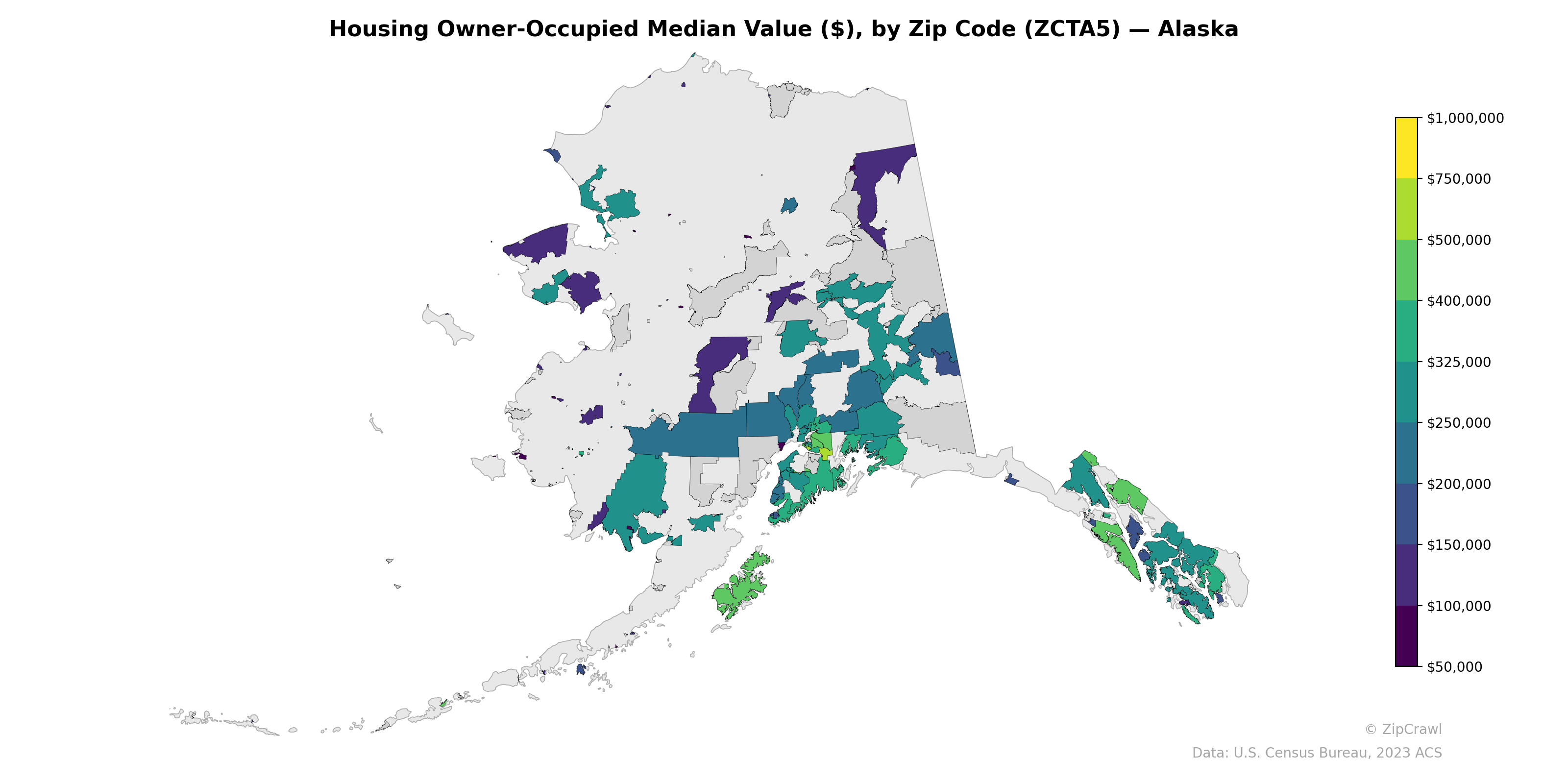 Housing Owner-Occupied Median Value ($), by Zip Code (ZCTA5) — Alaska