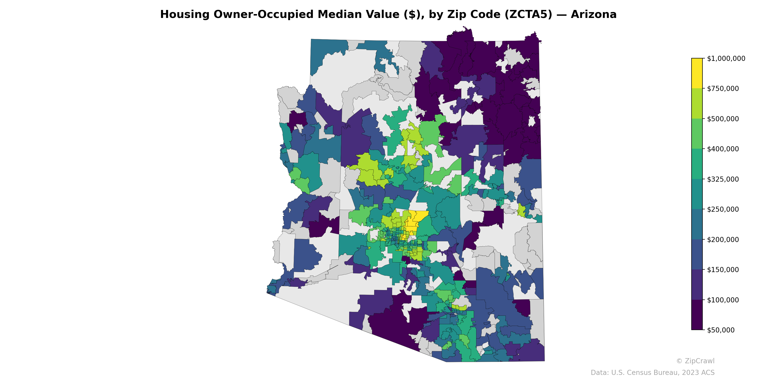 Housing Owner-Occupied Median Value ($), by Zip Code (ZCTA5) — Arizona
