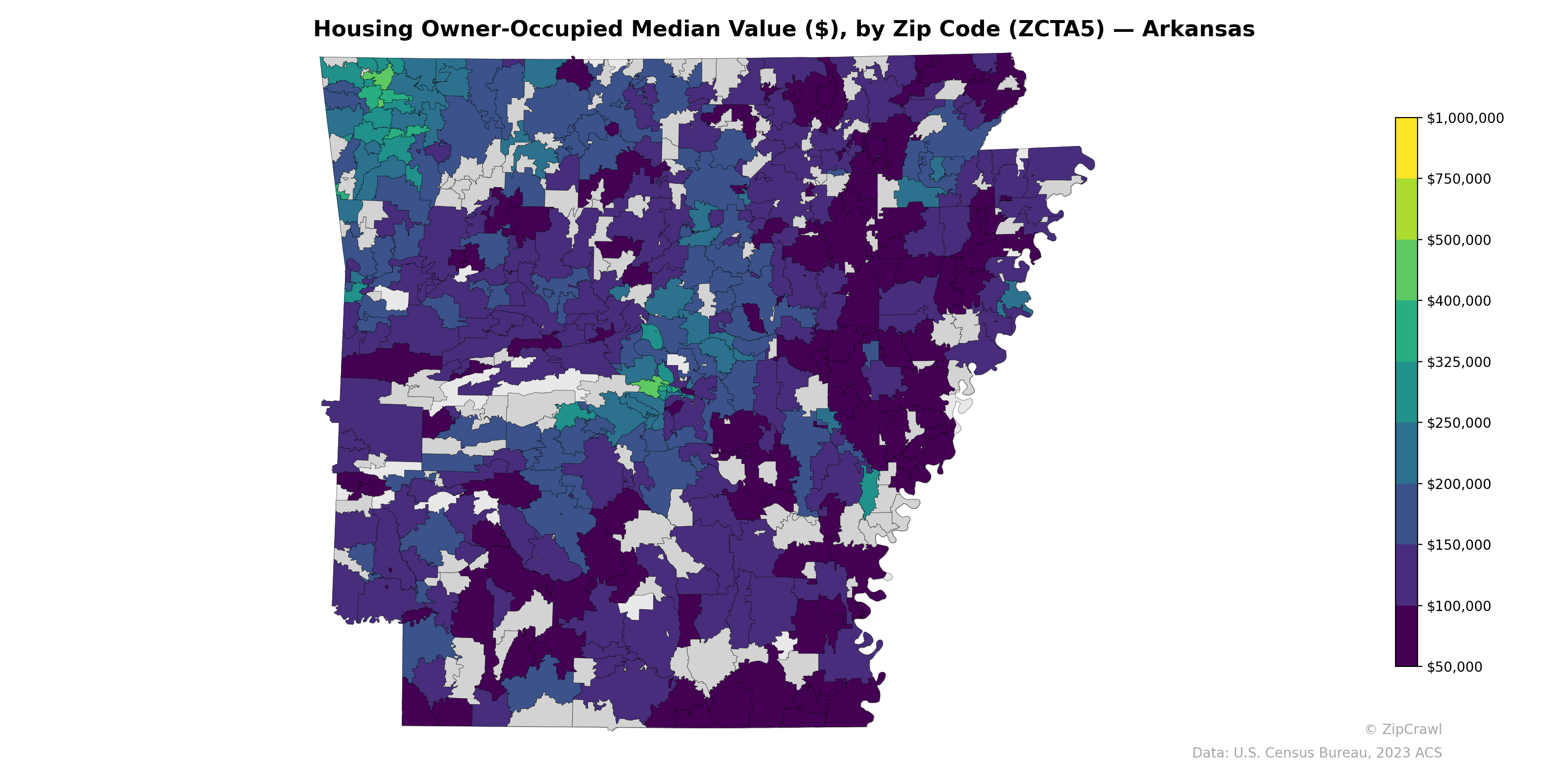 Housing Owner-Occupied Median Value ($), by Zip Code (ZCTA5) — Arkansas