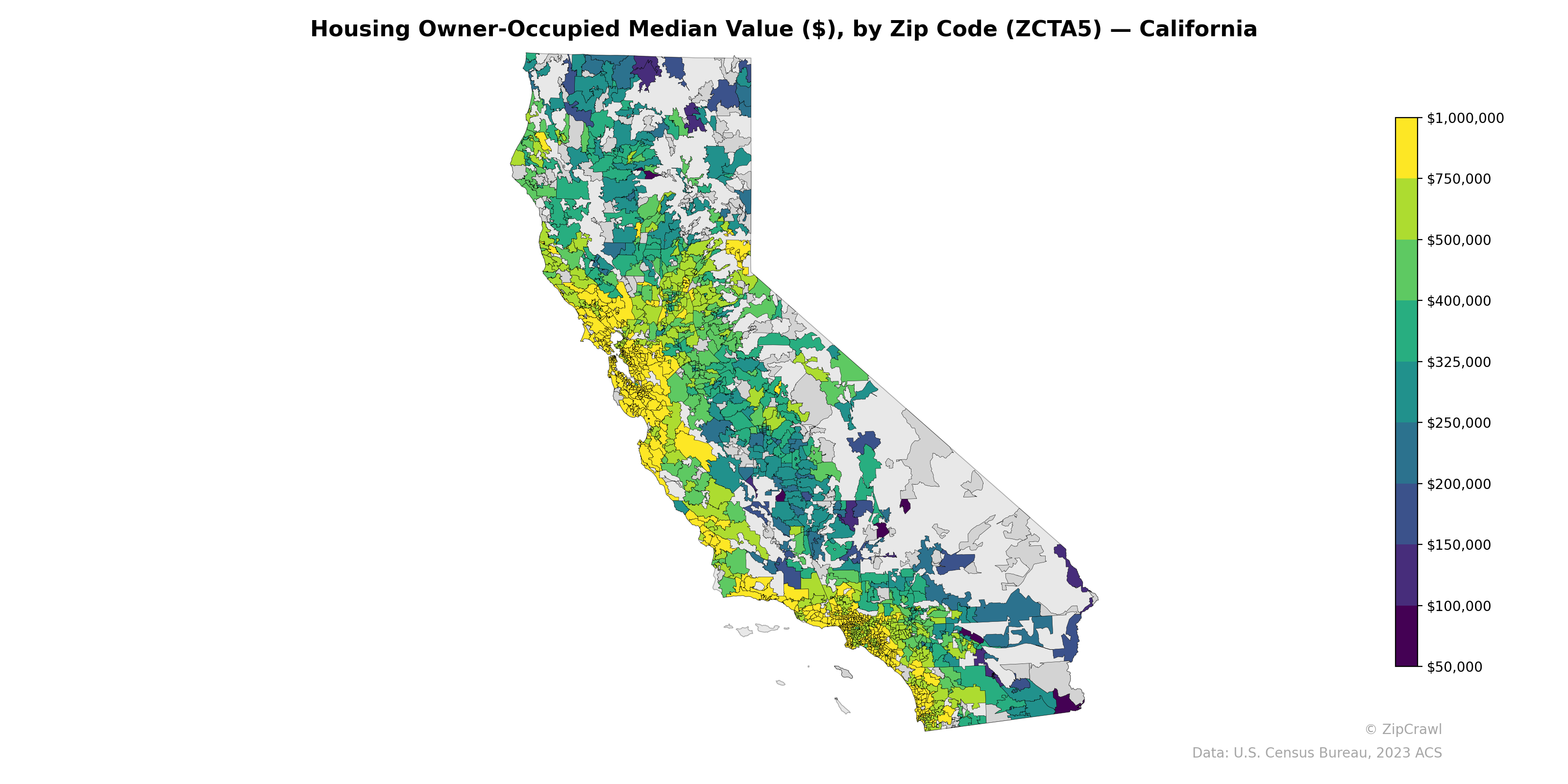 Housing Owner-Occupied Median Value ($), by Zip Code (ZCTA5) — California