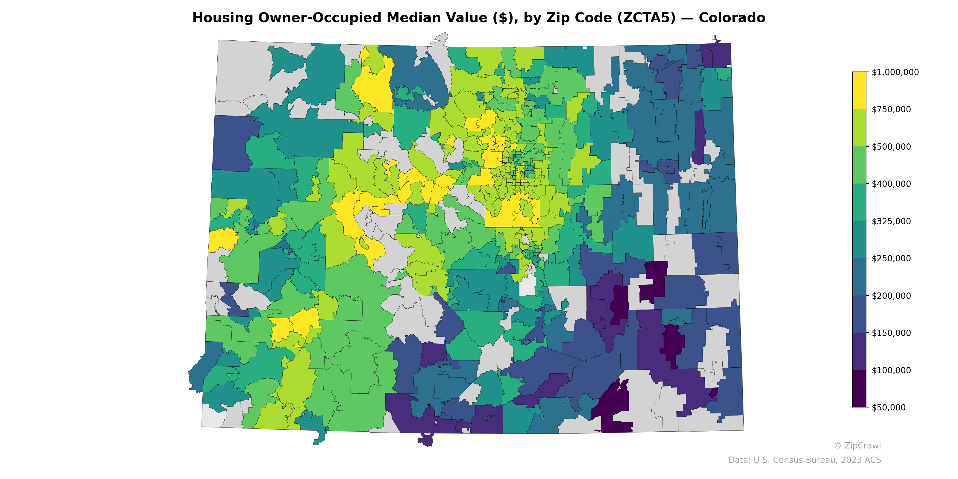 Housing Owner-Occupied Median Value ($), by Zip Code (ZCTA5) — Colorado
