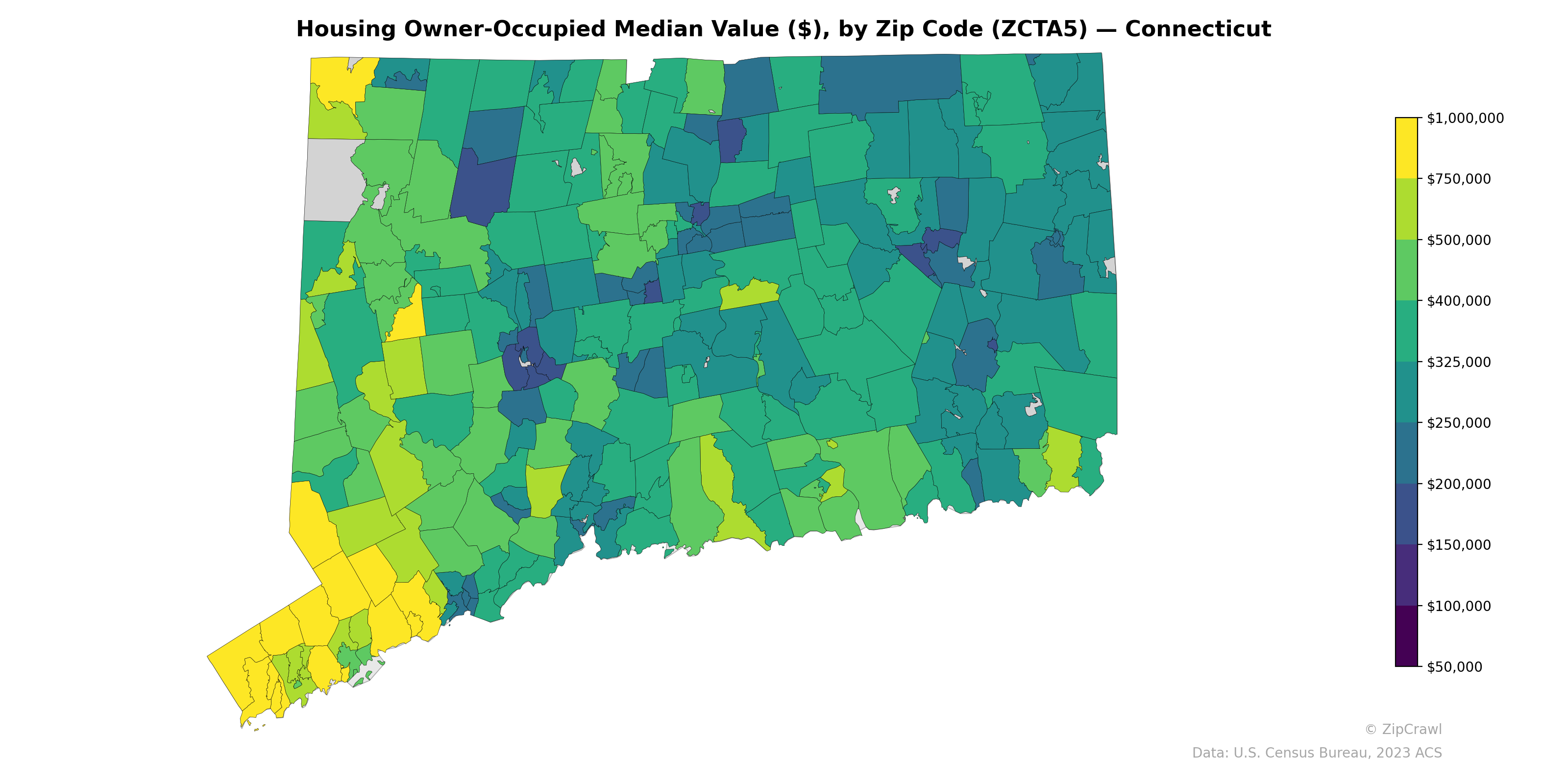 Housing Owner-Occupied Median Value ($), by Zip Code (ZCTA5) — Connecticut