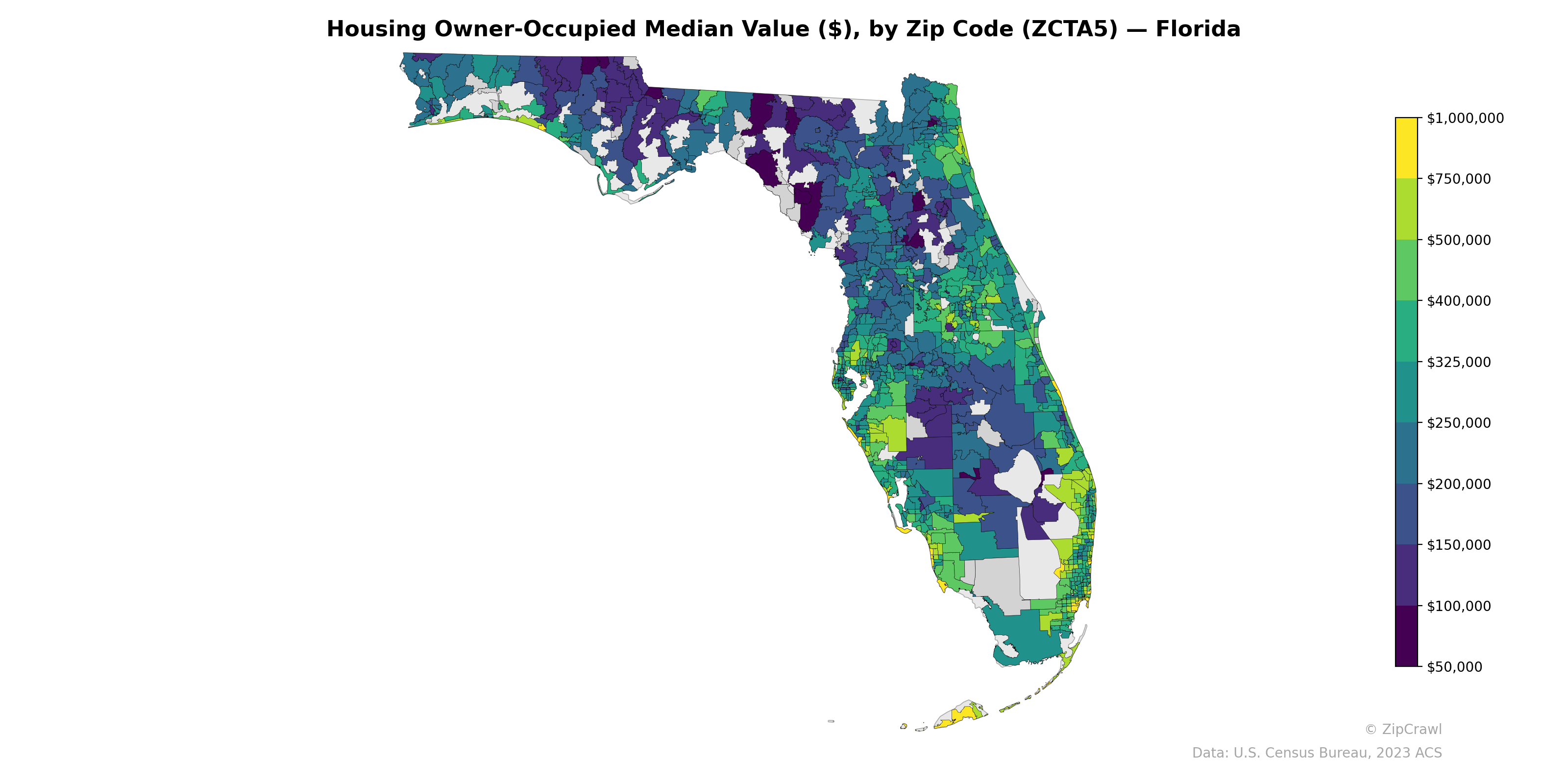 Housing Owner-Occupied Median Value ($), by Zip Code (ZCTA5) — Florida