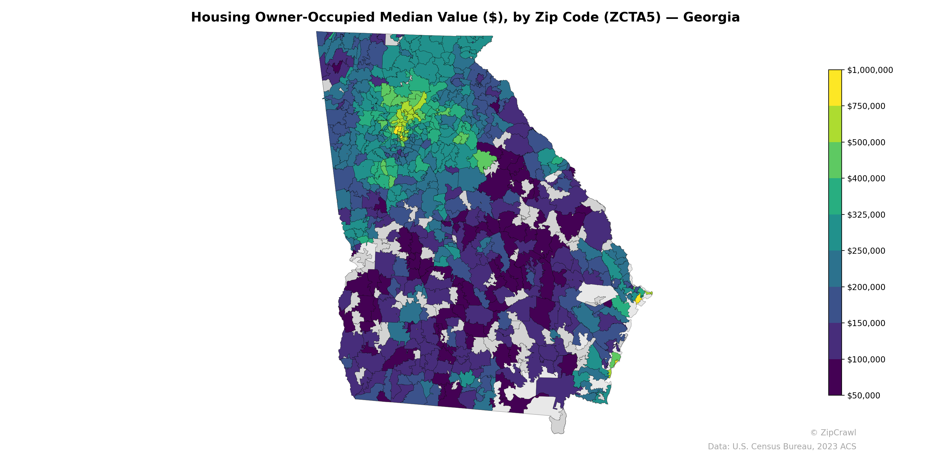 Housing Owner-Occupied Median Value ($), by Zip Code (ZCTA5) — Georgia