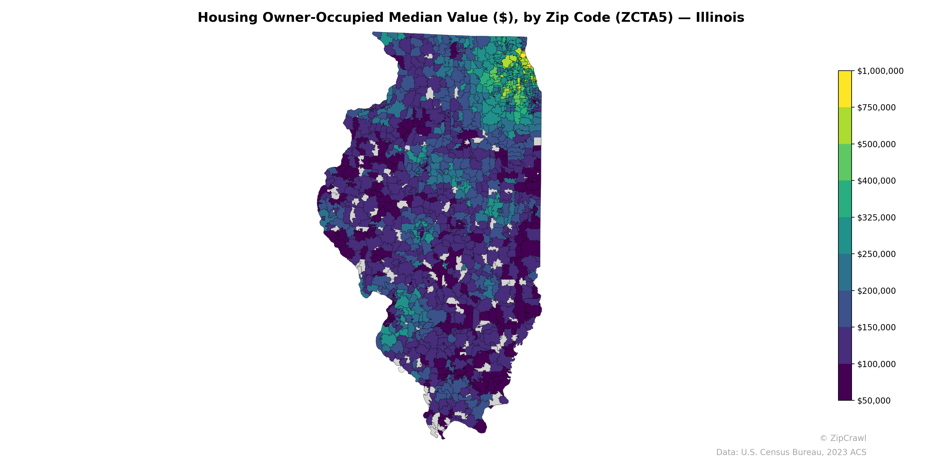 Housing Owner-Occupied Median Value ($), by Zip Code (ZCTA5) — Illinois