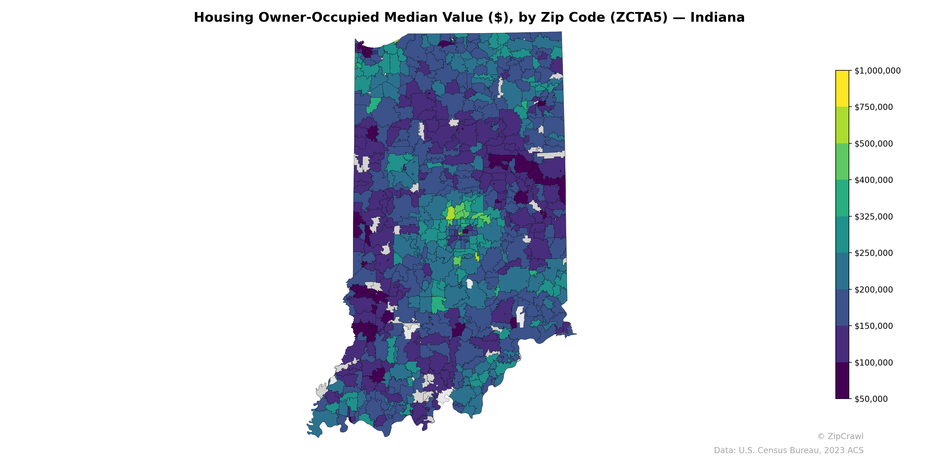 Housing Owner-Occupied Median Value ($), by Zip Code (ZCTA5) — Indiana