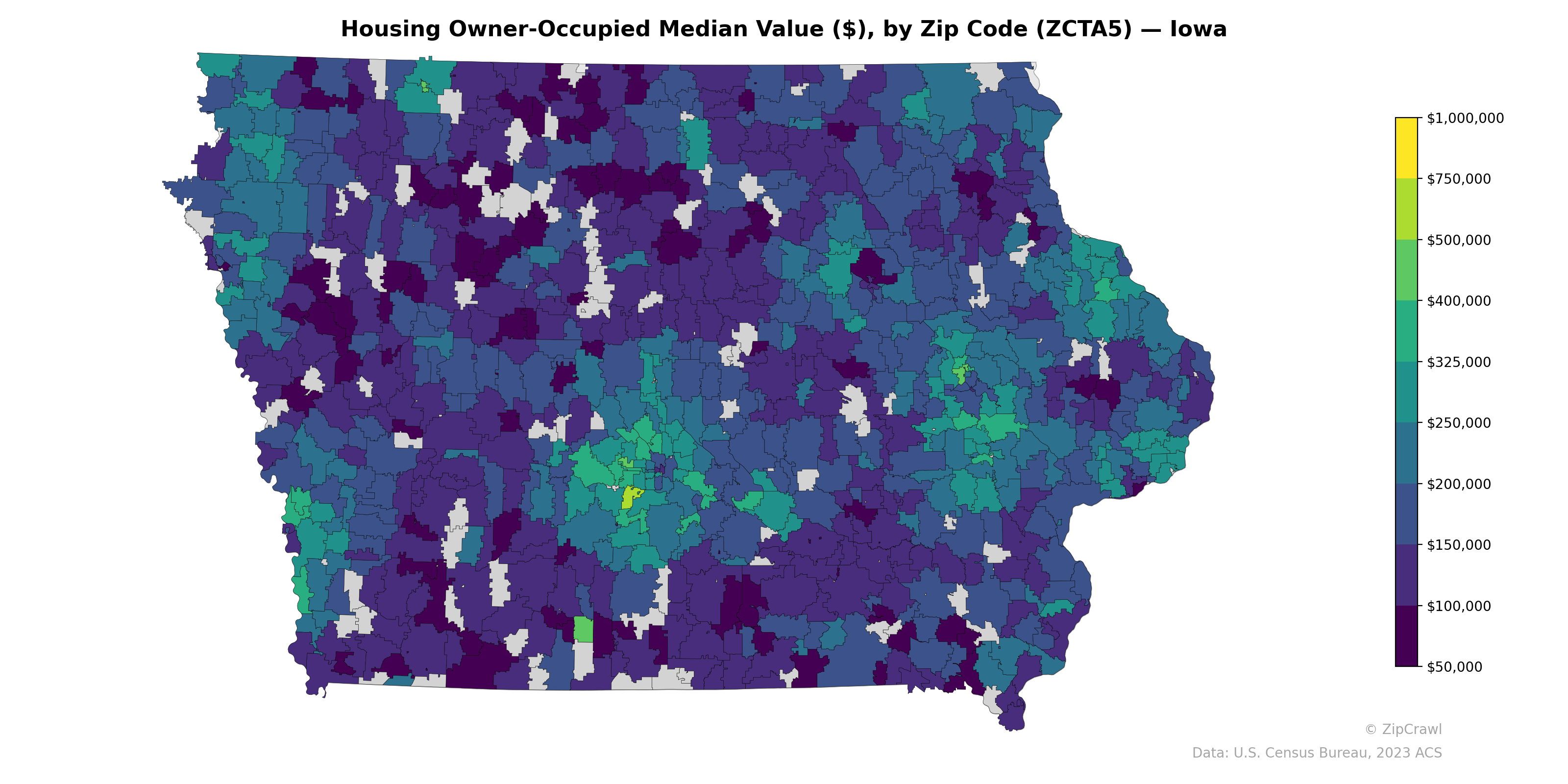 Housing Owner-Occupied Median Value ($), by Zip Code (ZCTA5) — Iowa