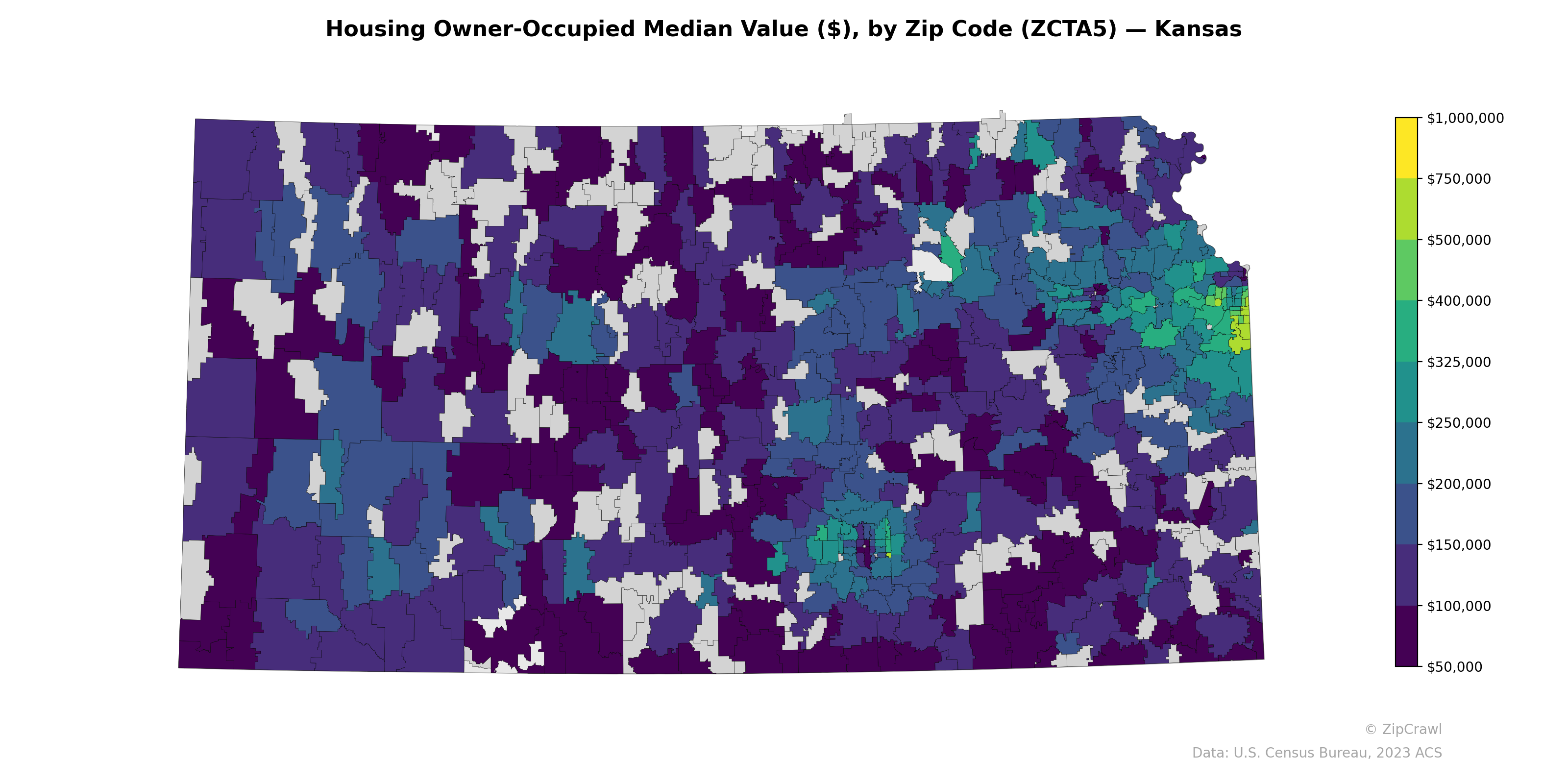Housing Owner-Occupied Median Value ($), by Zip Code (ZCTA5) — Kansas
