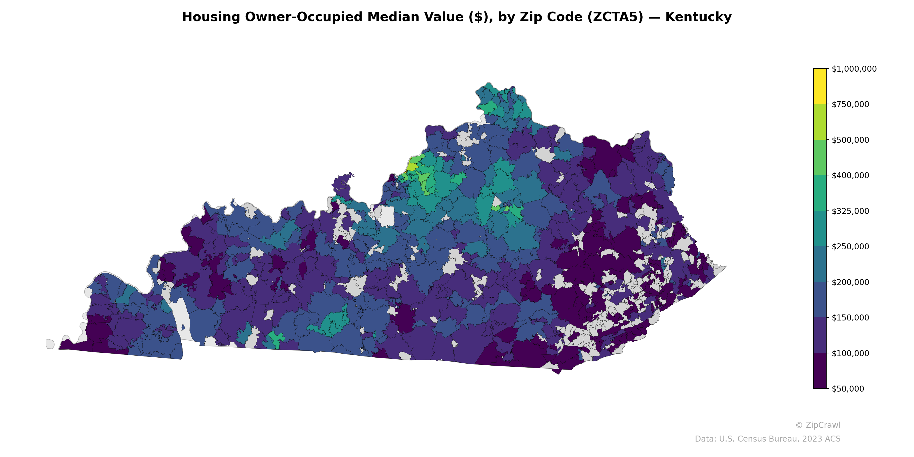 Housing Owner-Occupied Median Value ($), by Zip Code (ZCTA5) — Kentucky