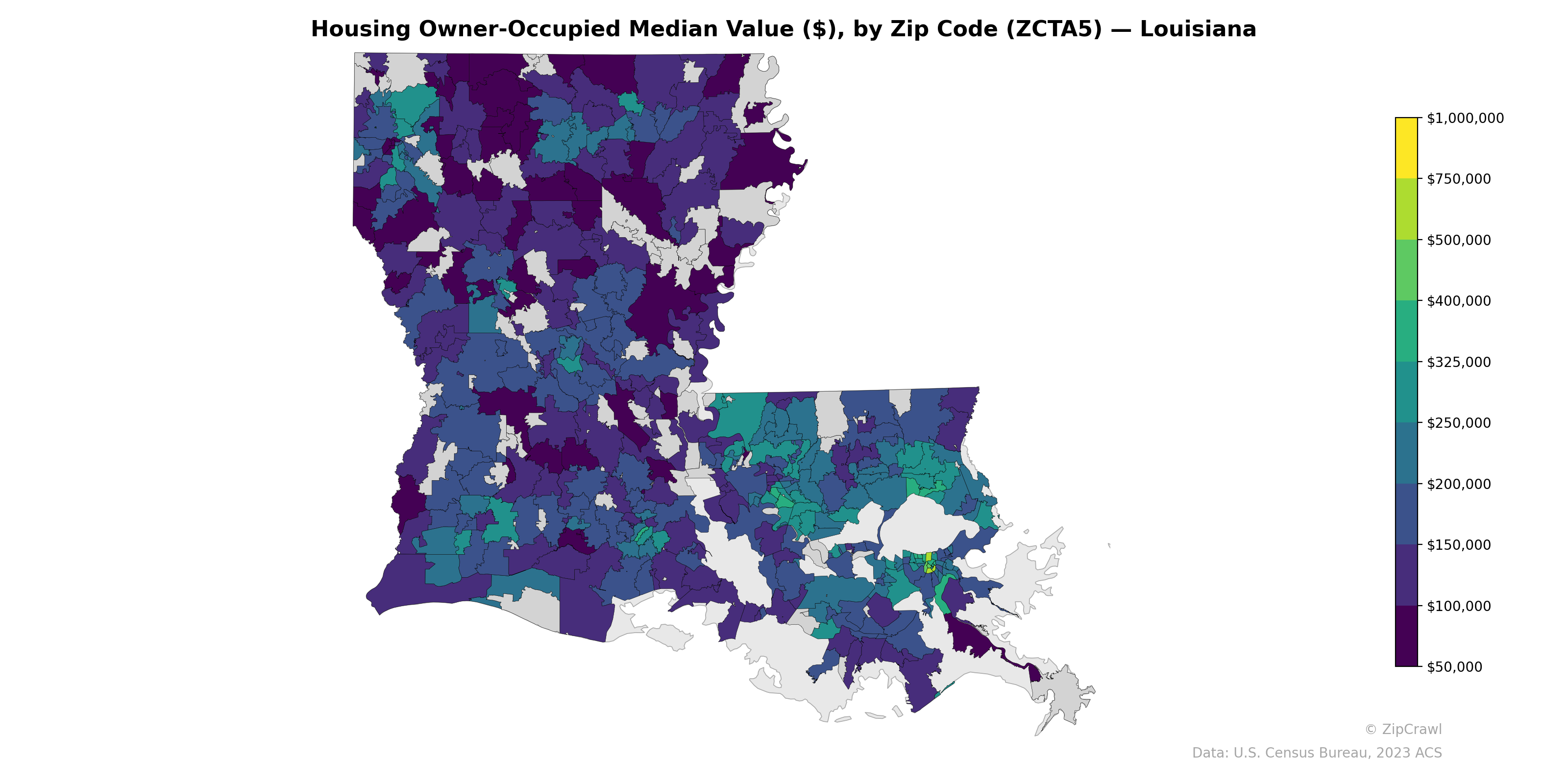 Housing Owner-Occupied Median Value ($), by Zip Code (ZCTA5) — Louisiana