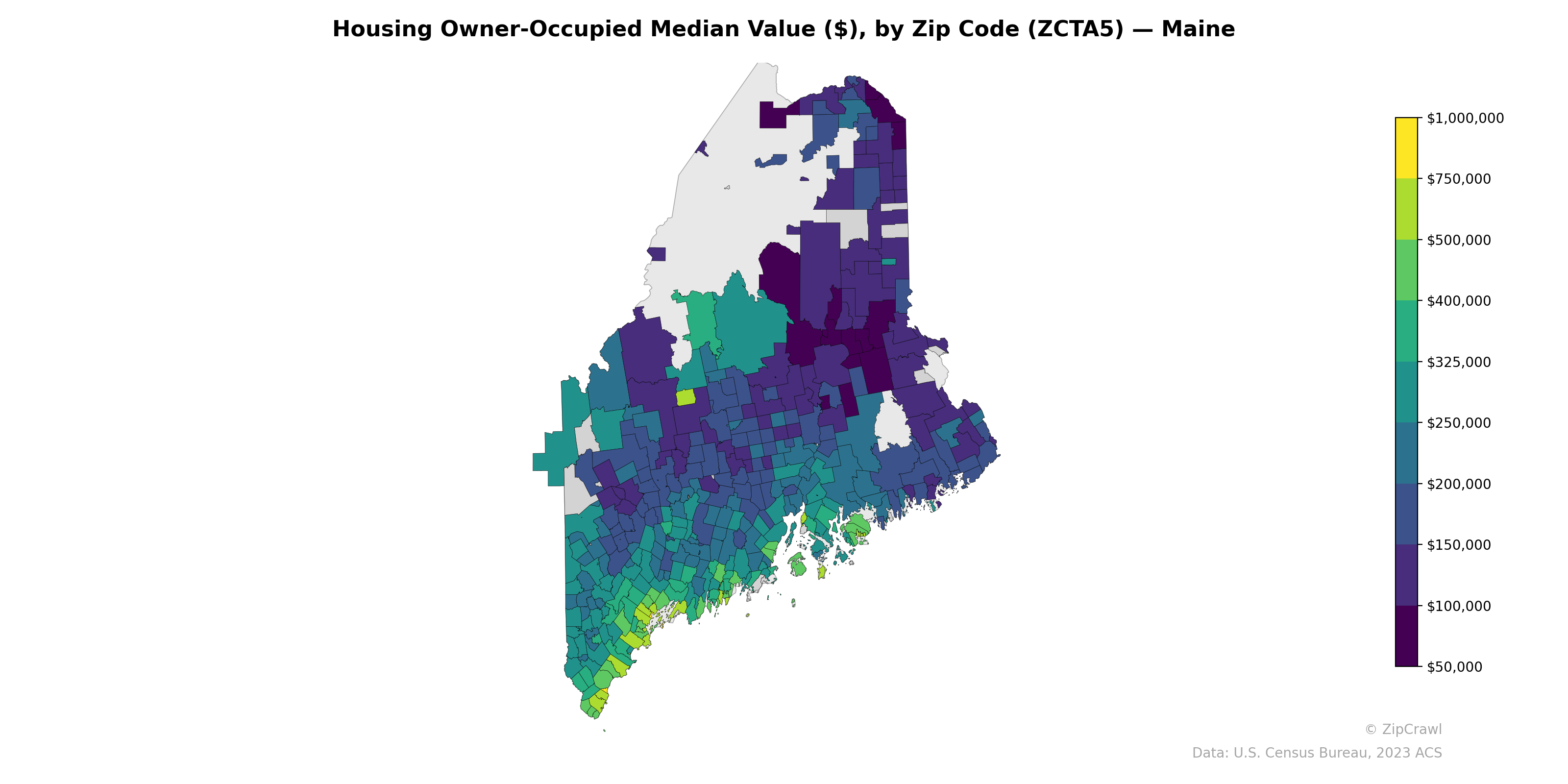 Housing Owner-Occupied Median Value ($), by Zip Code (ZCTA5) — Maine