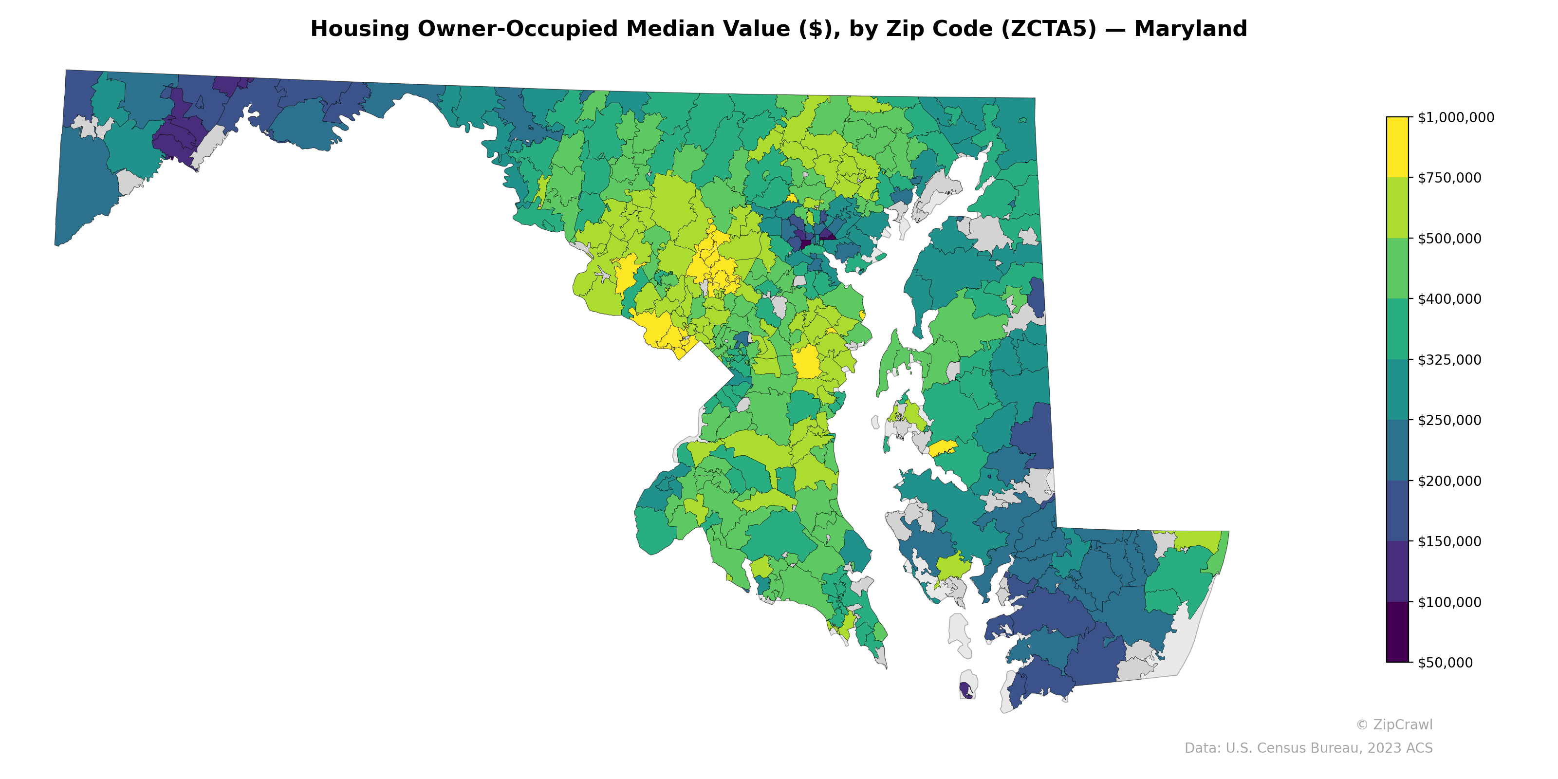 Housing Owner-Occupied Median Value ($), by Zip Code (ZCTA5) — Maryland