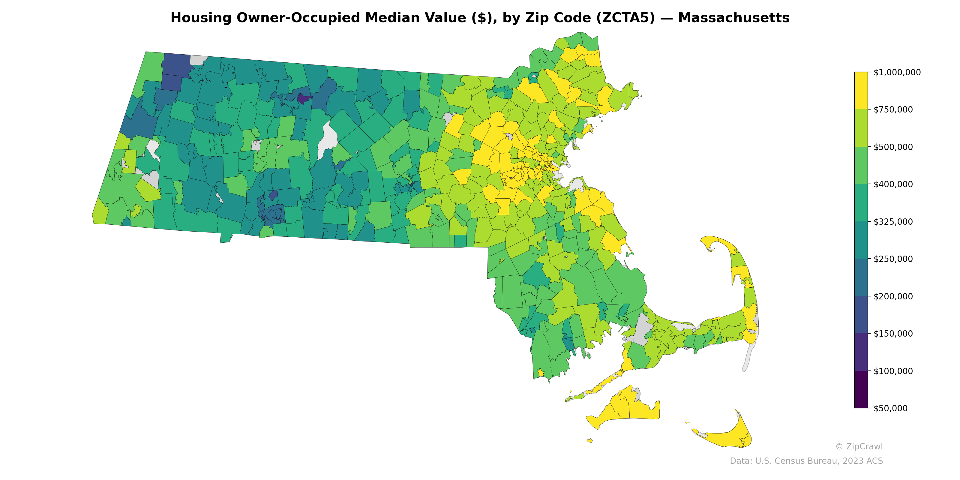 Housing Owner-Occupied Median Value ($), by Zip Code (ZCTA5) — Massachusetts