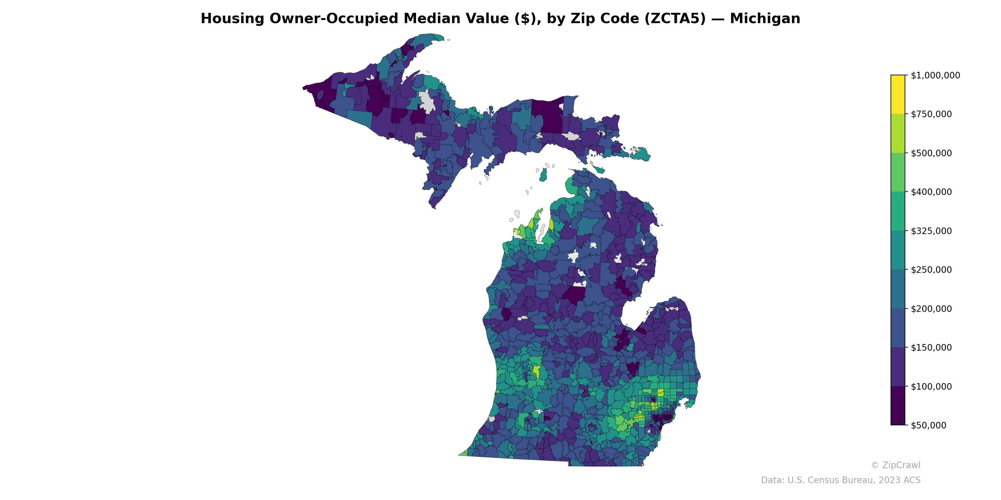 Housing Owner-Occupied Median Value ($), by Zip Code (ZCTA5) — Michigan