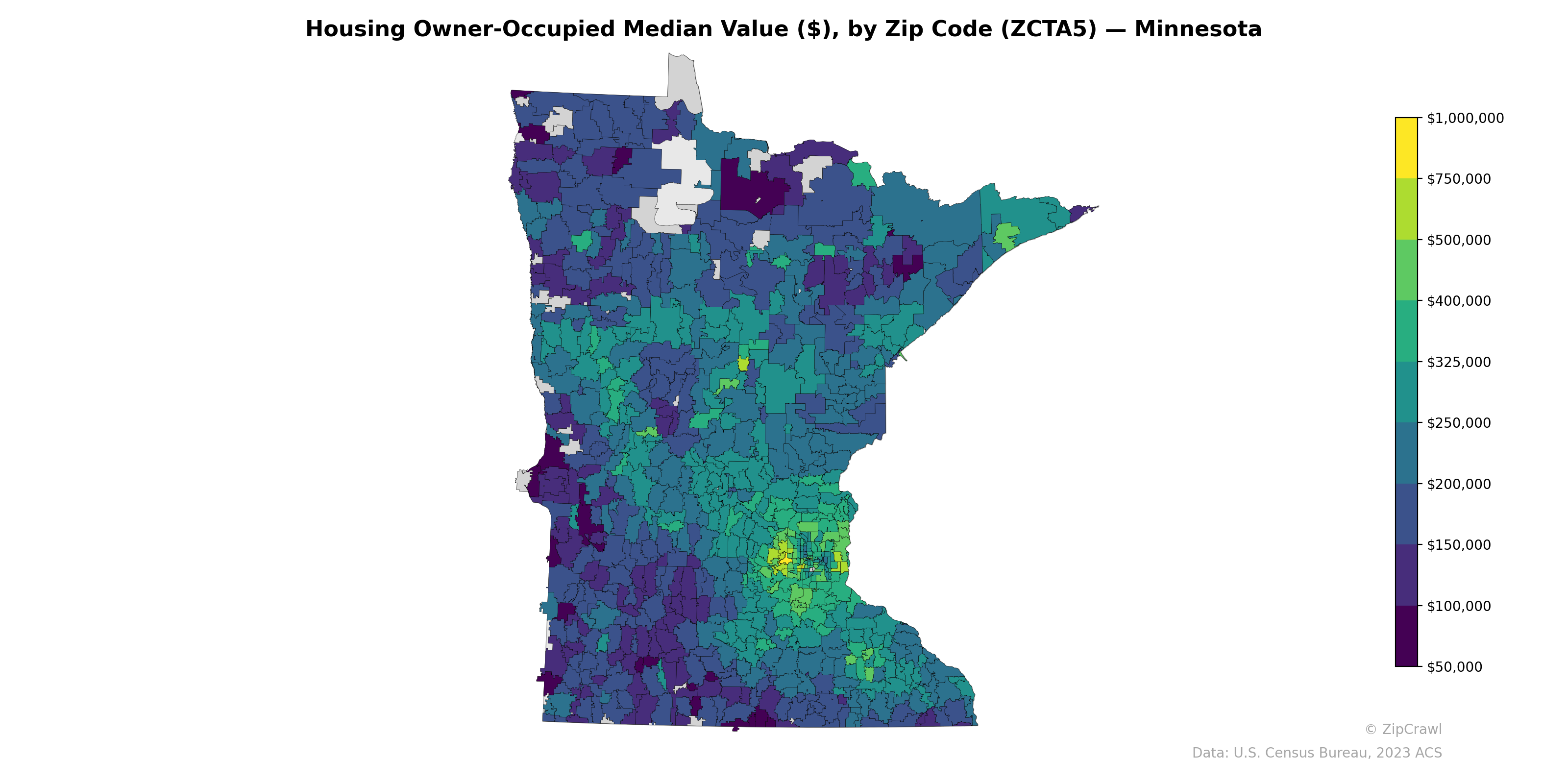 Housing Owner-Occupied Median Value ($), by Zip Code (ZCTA5) — Minnesota