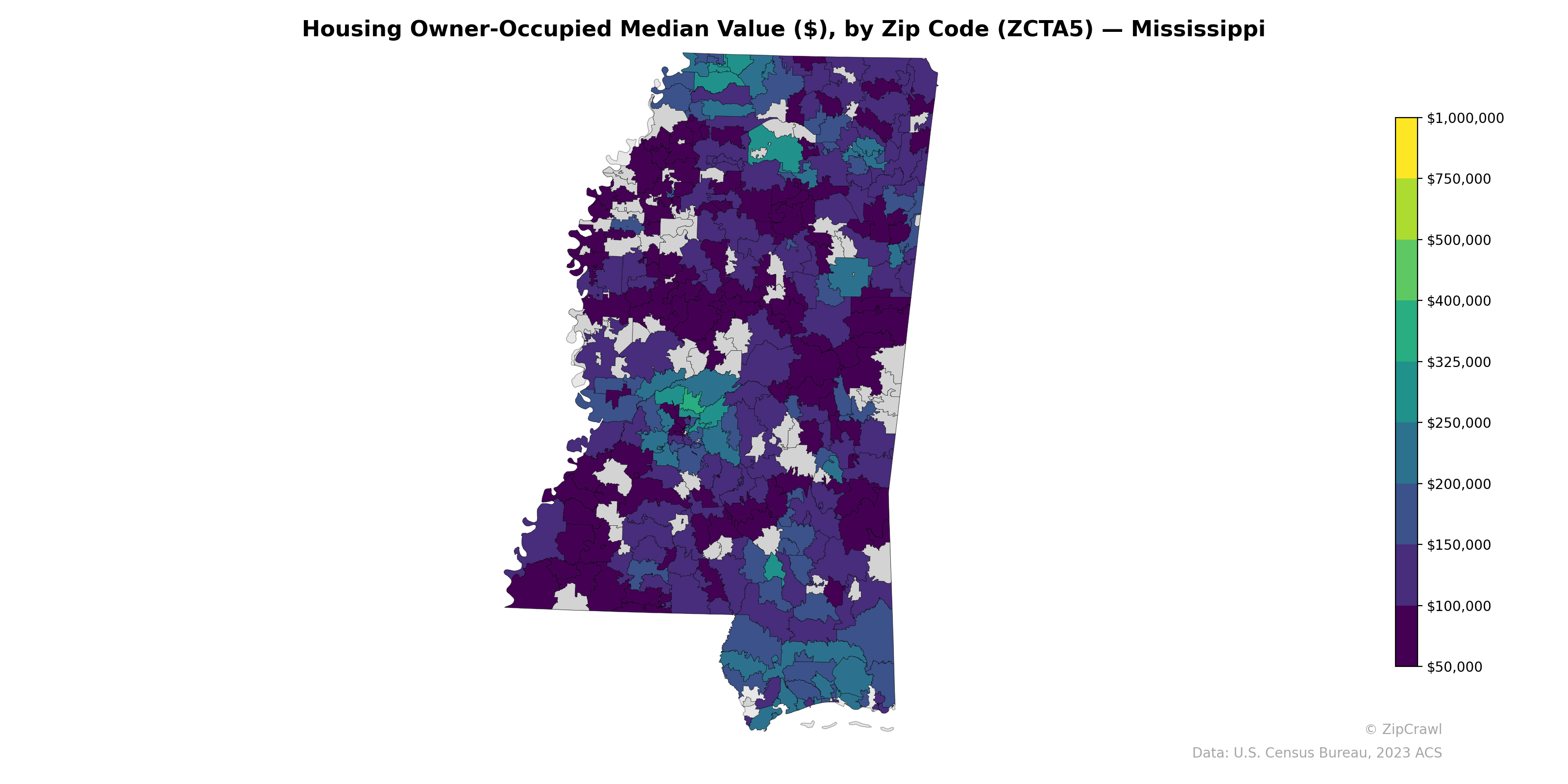 Housing Owner-Occupied Median Value ($), by Zip Code (ZCTA5) — Mississippi
