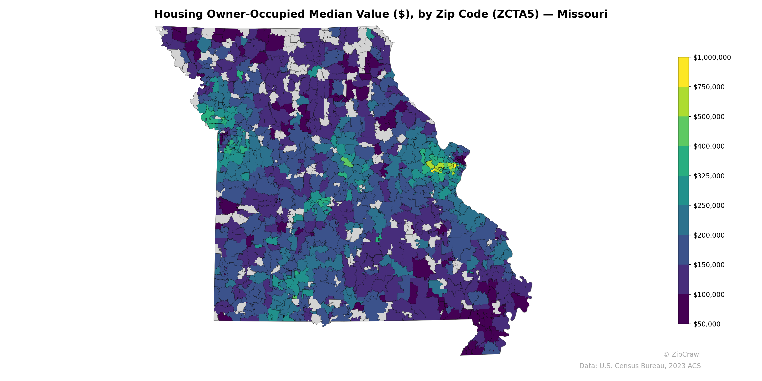 Housing Owner-Occupied Median Value ($), by Zip Code (ZCTA5) — Missouri