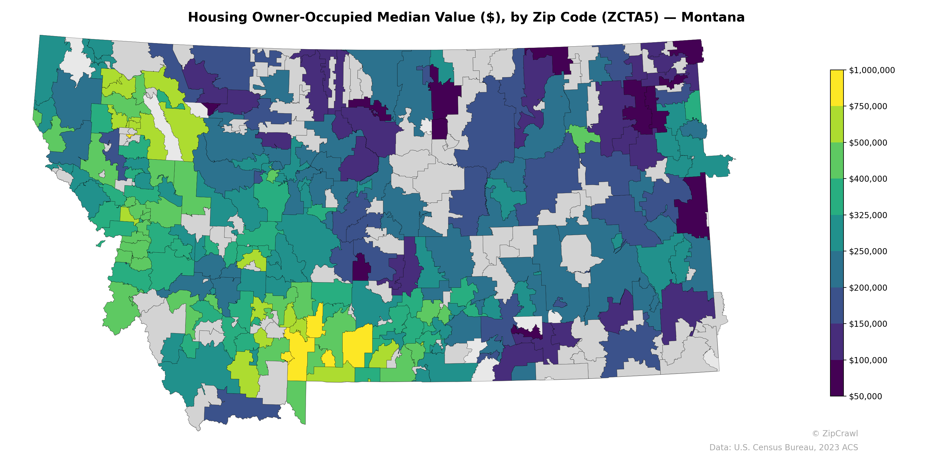 Housing Owner-Occupied Median Value ($), by Zip Code (ZCTA5) — Montana